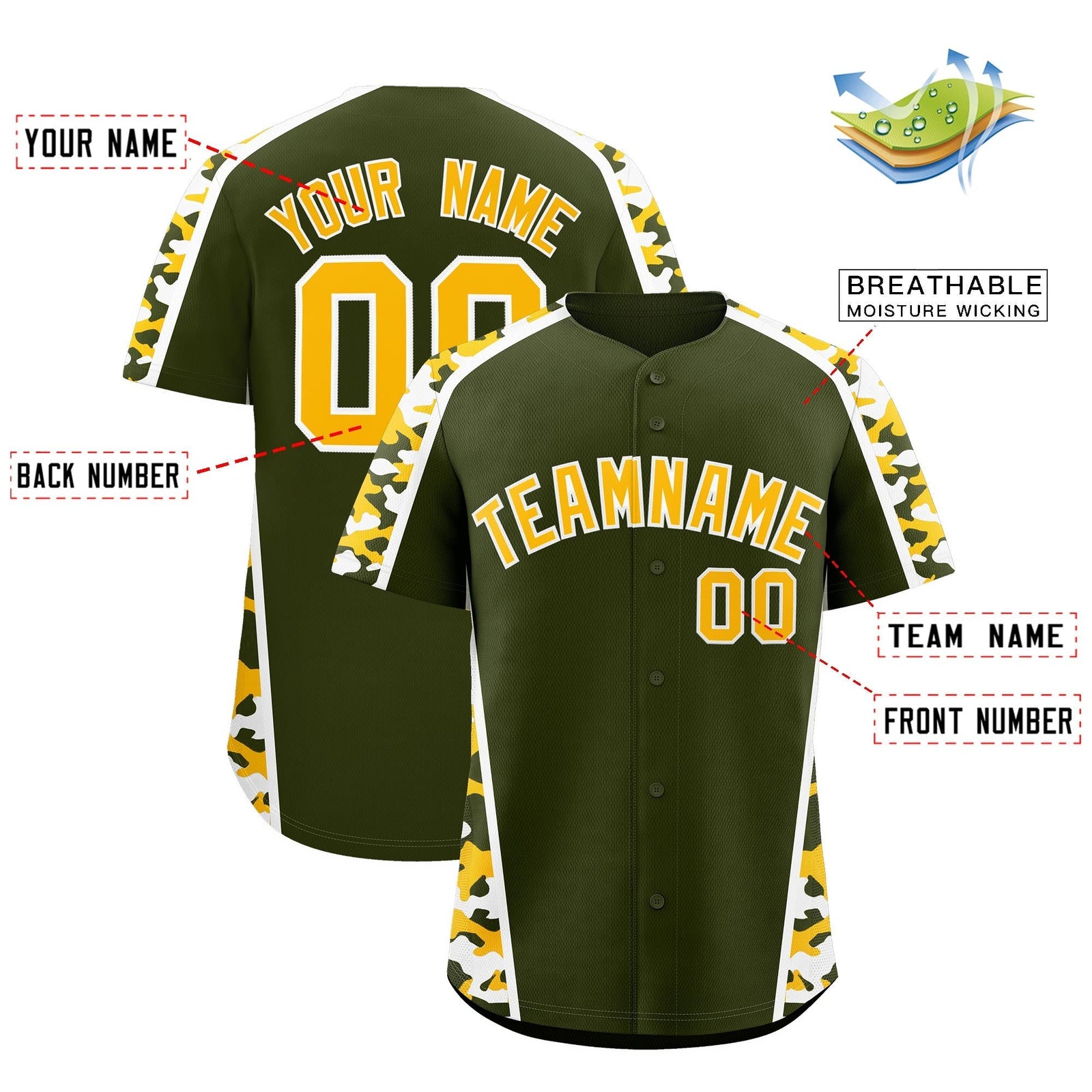 Custom Olive Yellow Side Camo Style Personalization Baseball Jersey| KXKSHOP