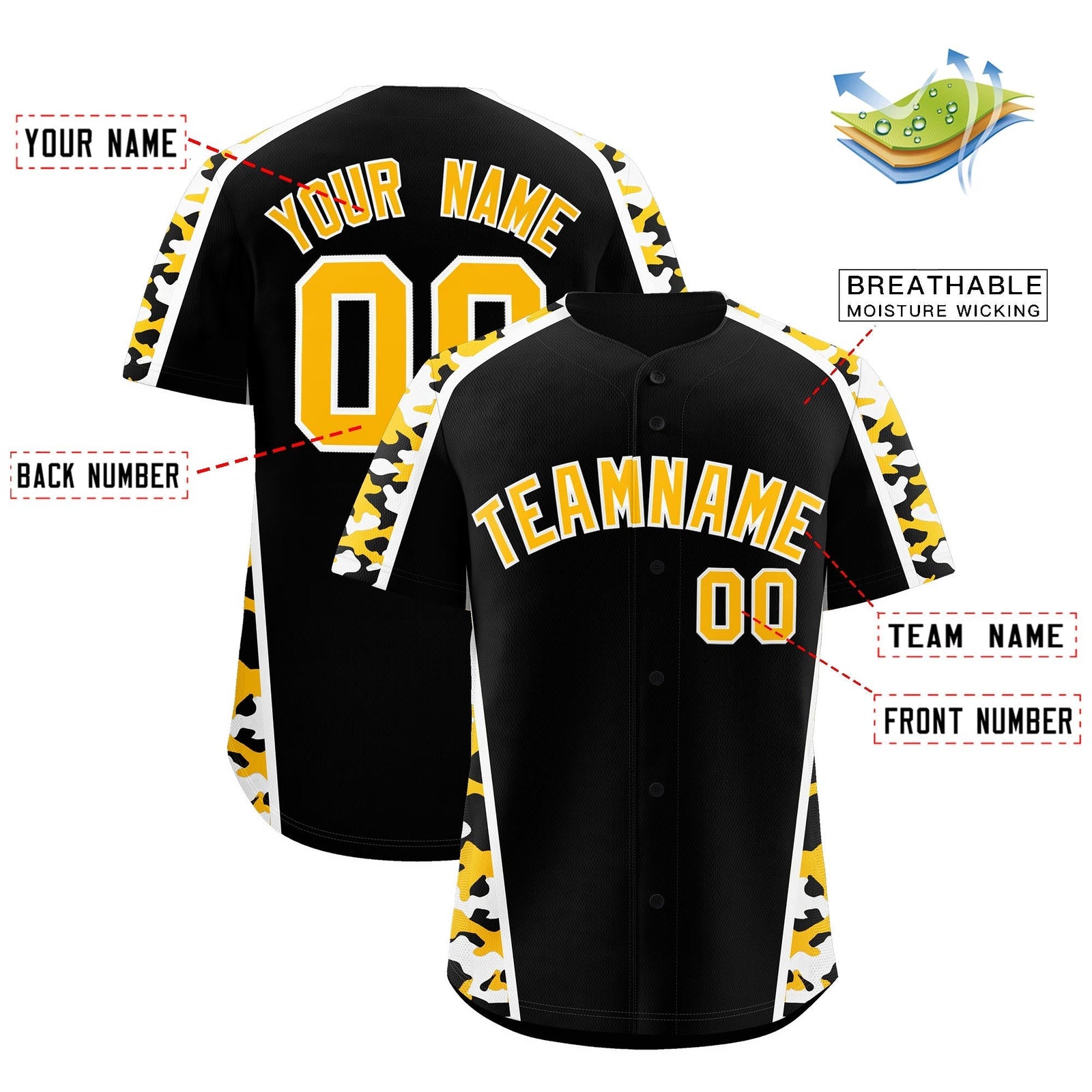 Custom Black Yellow Side Camo Style Personalization Baseball Jersey| KXKSHOP