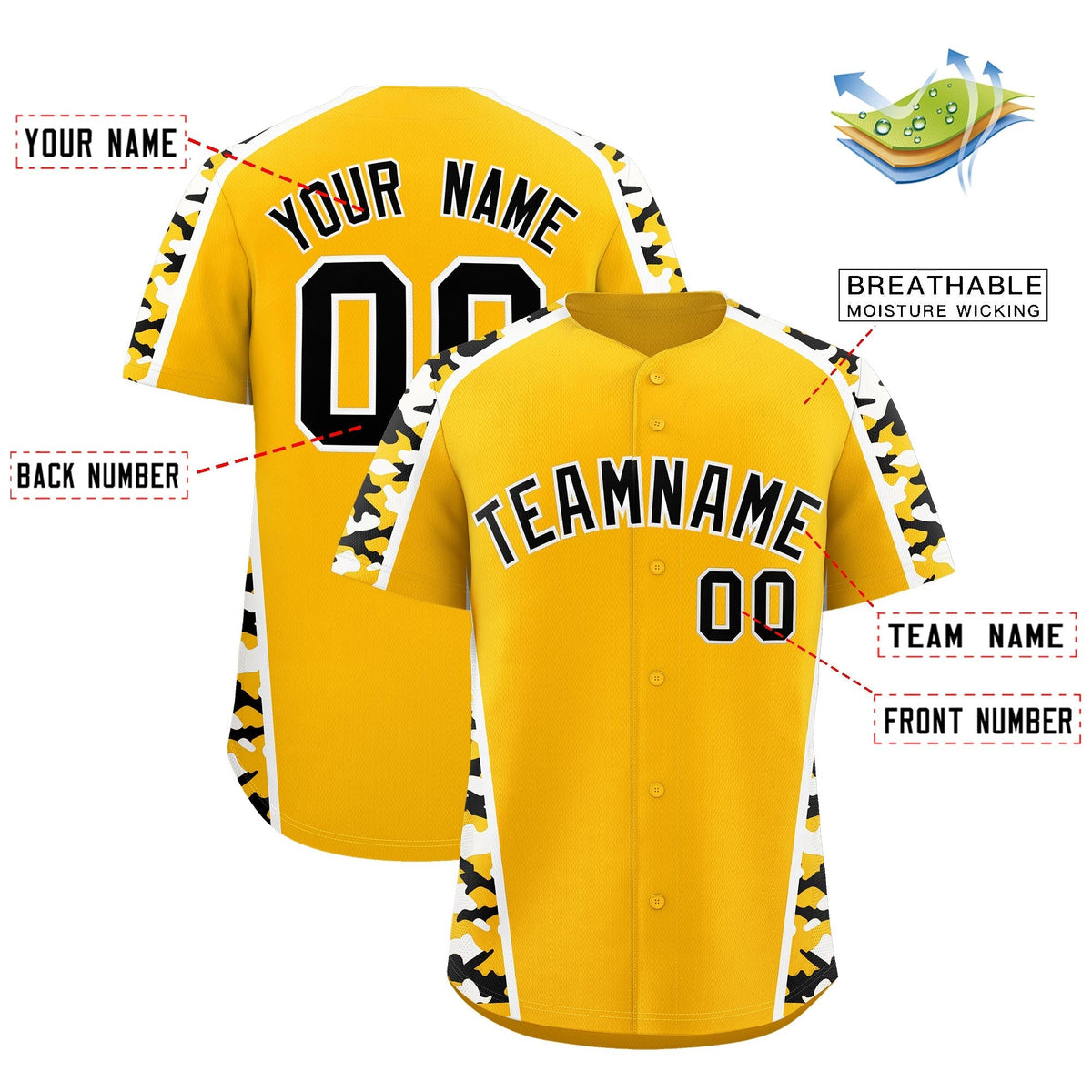Custom Yellow Black Side Camo Style Personalization Baseball Jersey| KXKSHOP