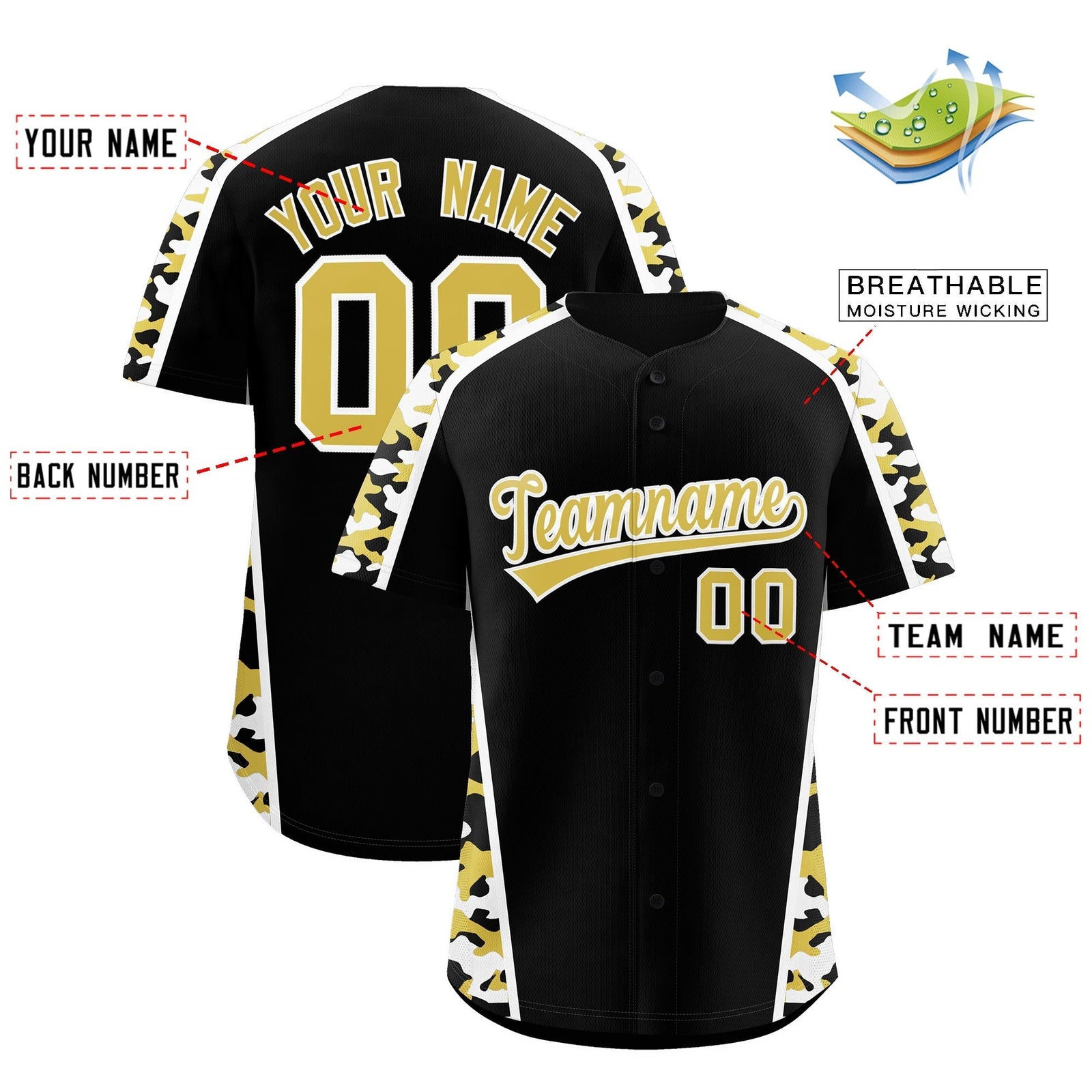 Custom Black Old Gold Side Camo Style Personalization Baseball Jersey| KXKSHOP
