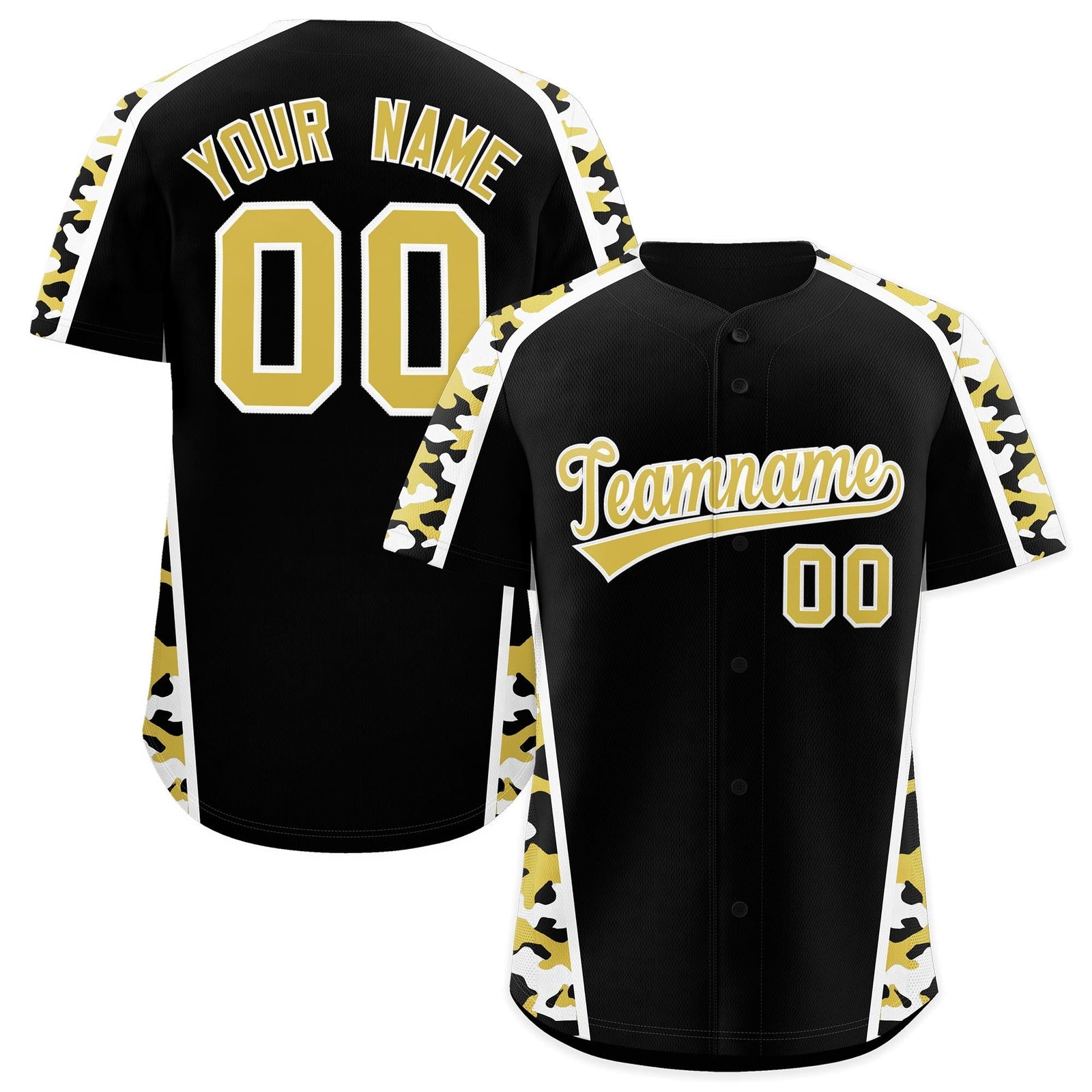 Custom Black Old Gold Side Camo Style Personalization Baseball Jersey| KXKSHOP