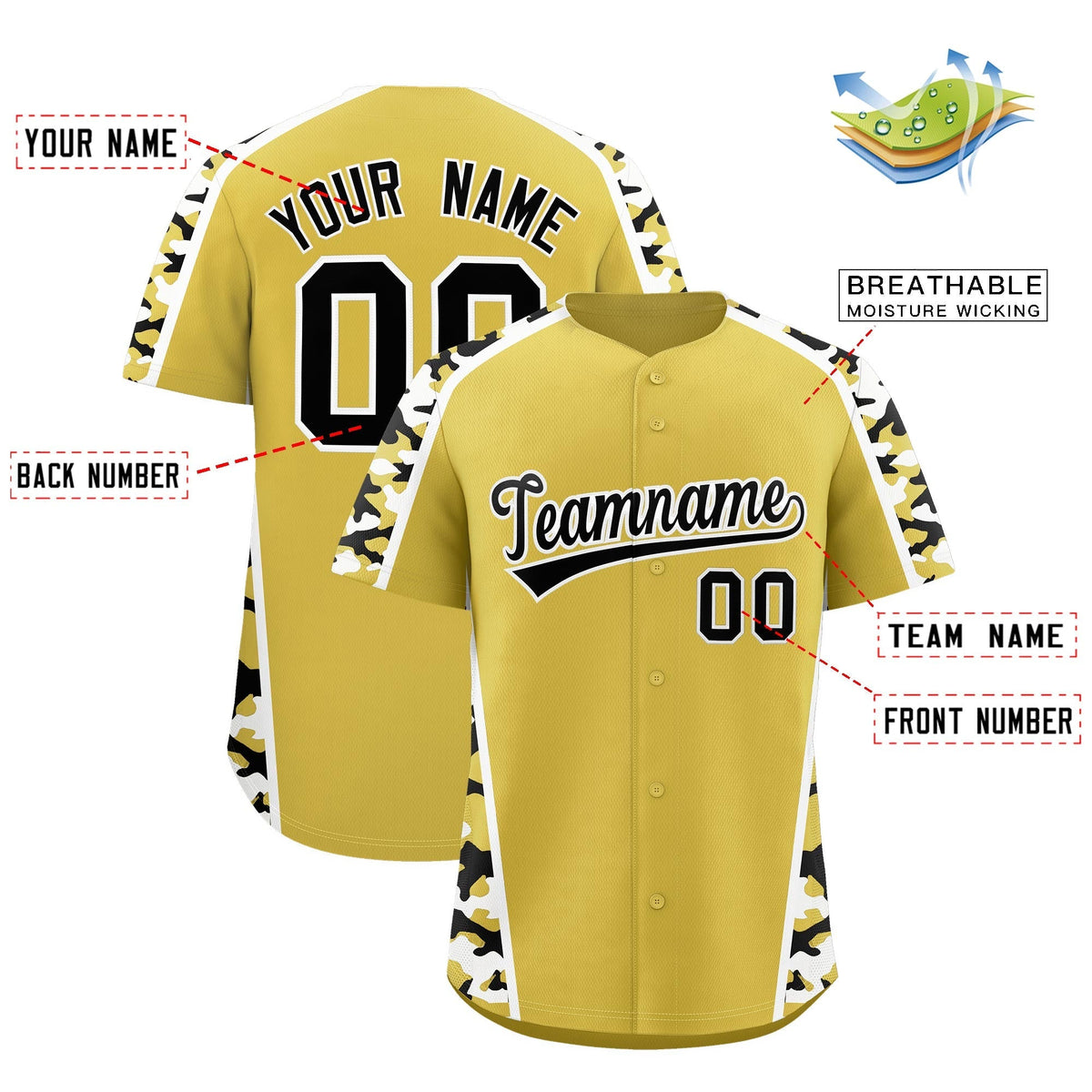 Custom Old Gold Black Side Camo Style Personalization Baseball Jersey| KXKSHOP