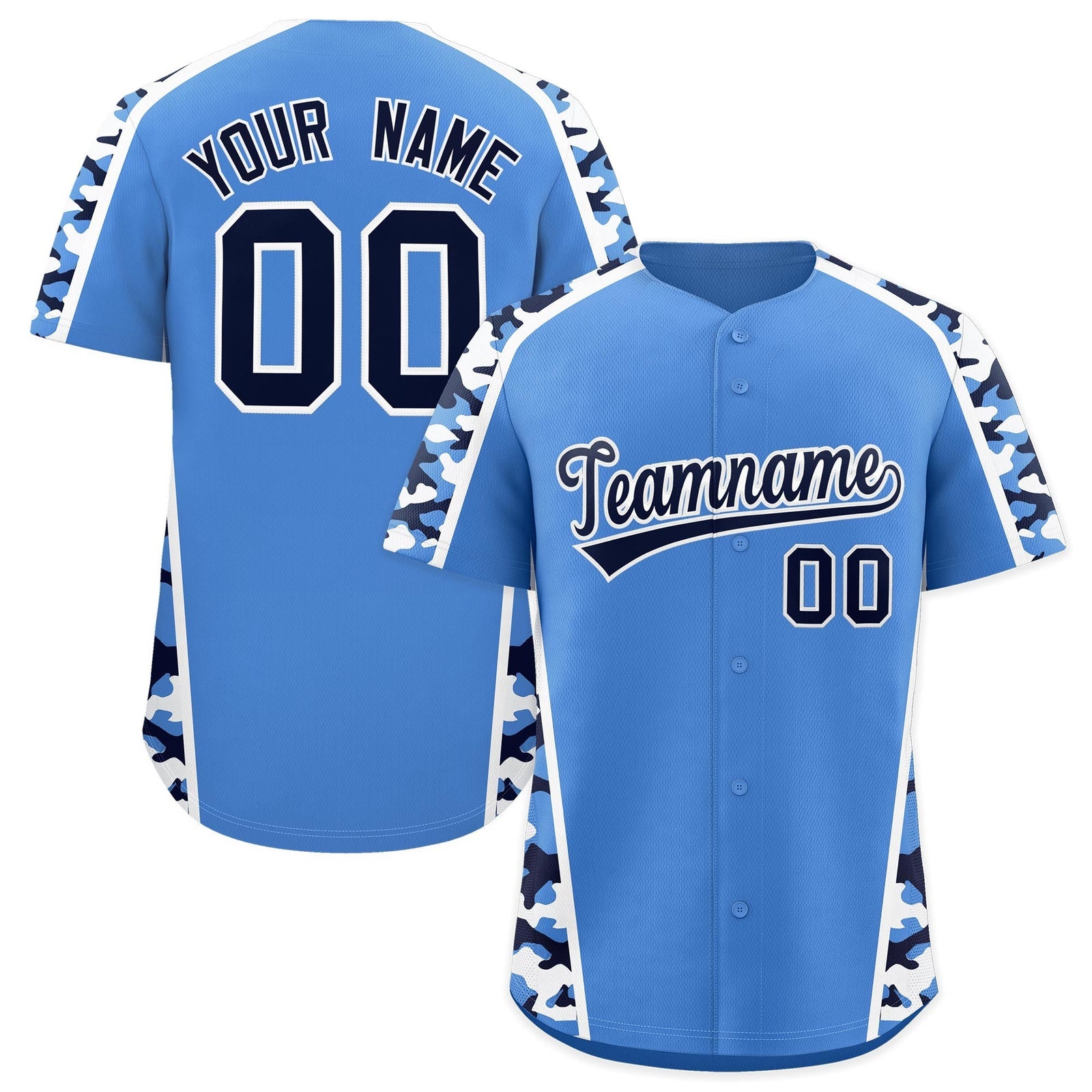 Custom Powder Blue Navy Side Camo Style Personalization Baseball Jersey| KXKSHOP