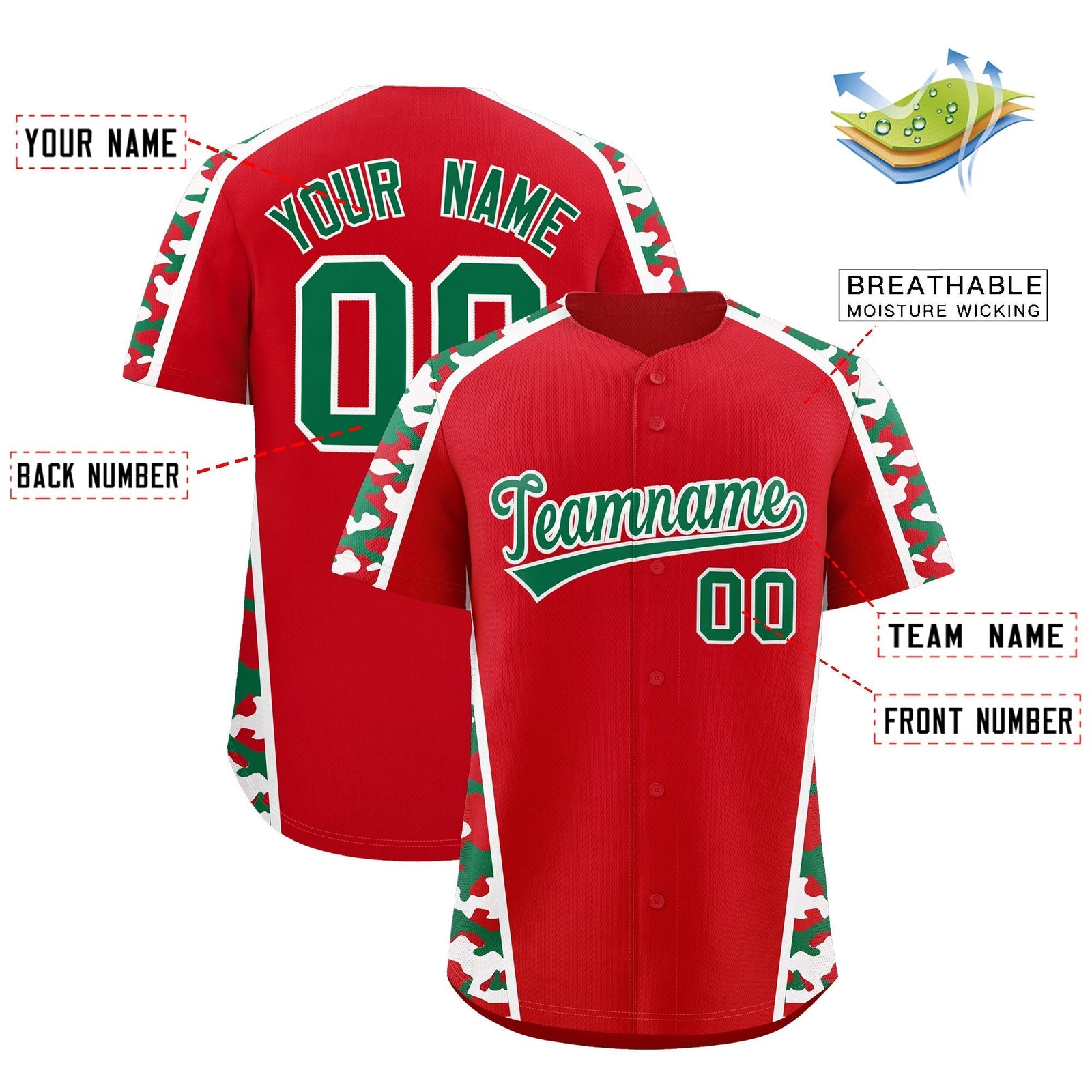 Custom Red Kelly Green Side Camo Style Personalization Baseball Jersey| KXKSHOP