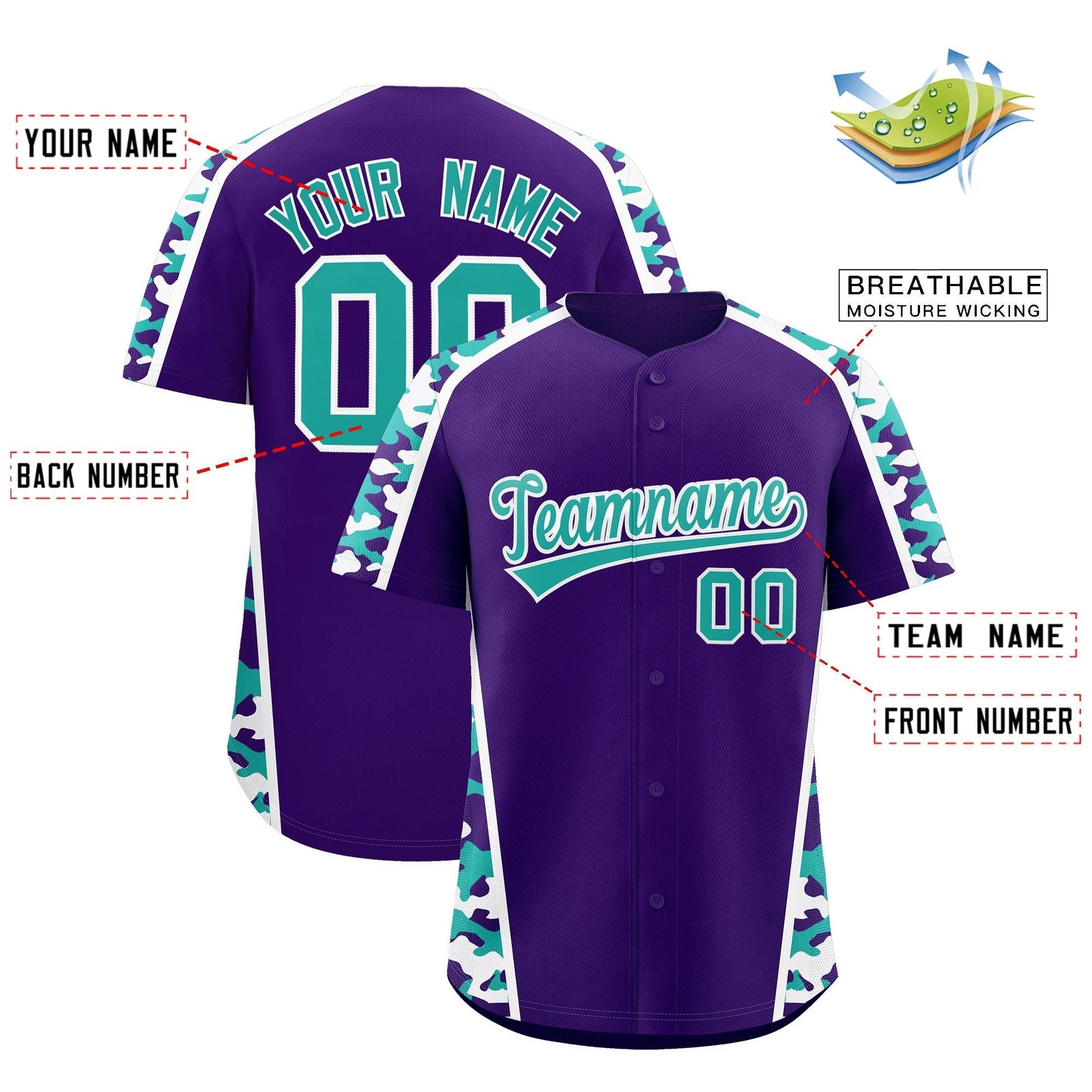 Custom Purple Aqua Side Camo Style Personalization Baseball Jersey| KXKSHOP