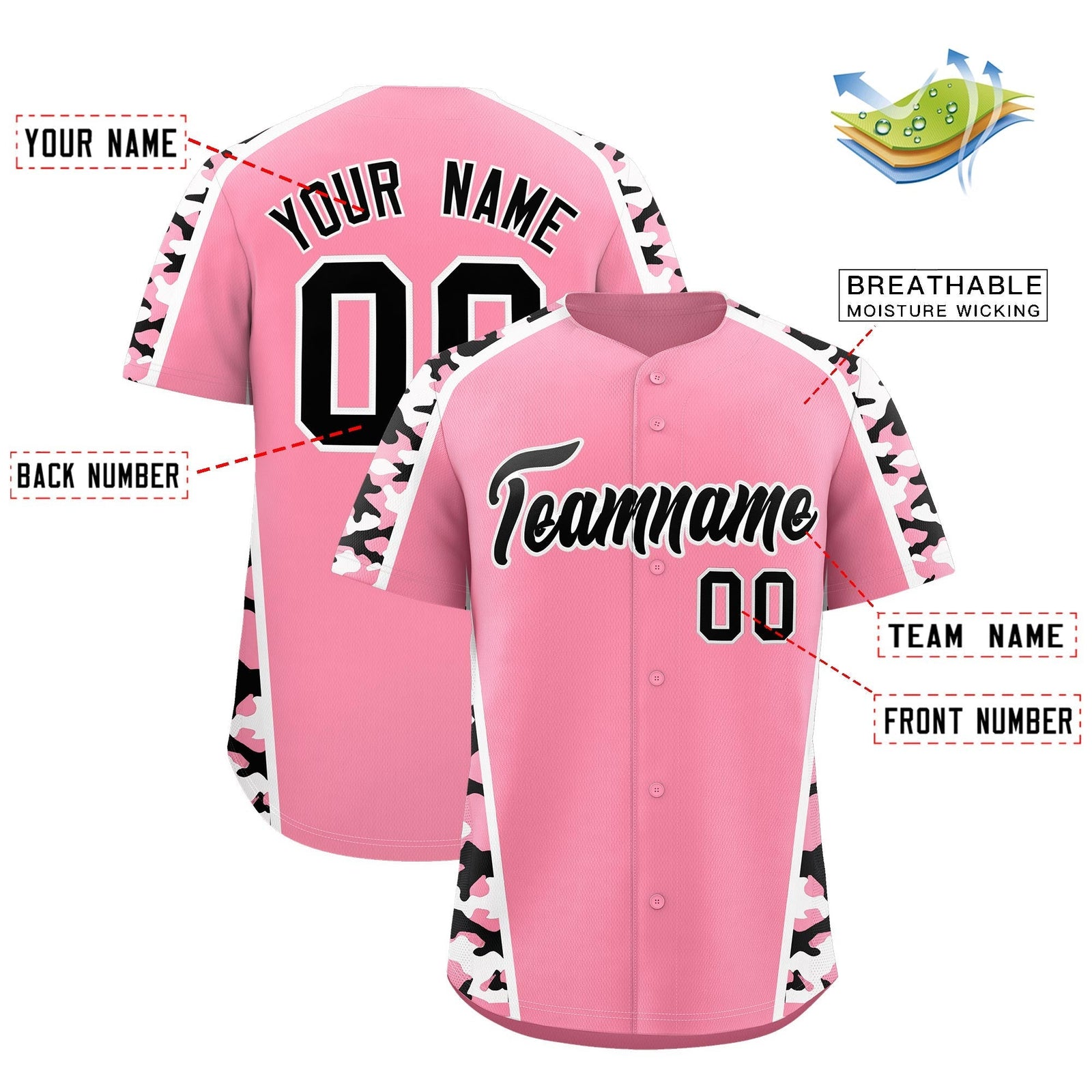Custom Light Pink Black Side Camo Style Personalization Baseball Jersey| KXKSHOP