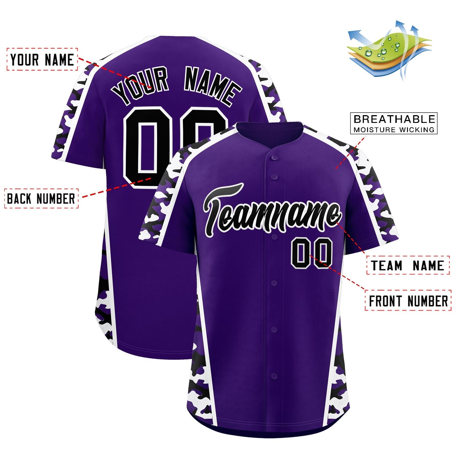Custom Purple Black Side Camo Style Personalization Baseball Jersey| KXKSHOP