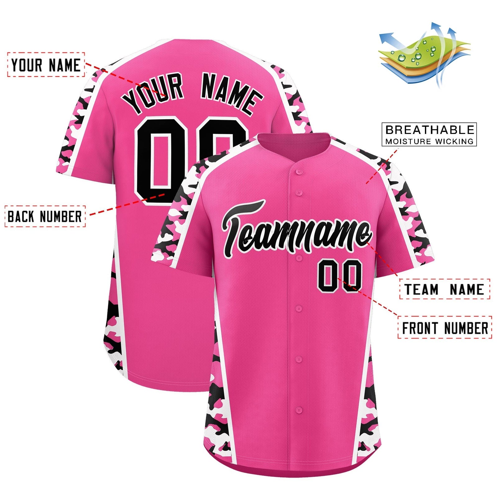 Custom Pink Black Side Camo Style Personalization Baseball Jersey| KXKSHOP
