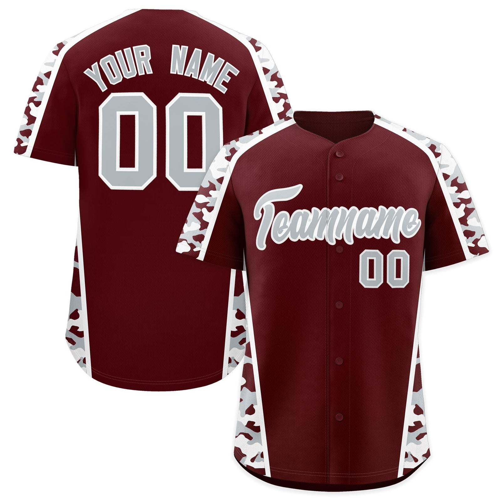 Custom Burgundy Silver Side Camo Style Personalization Baseball Jersey| KXKSHOP