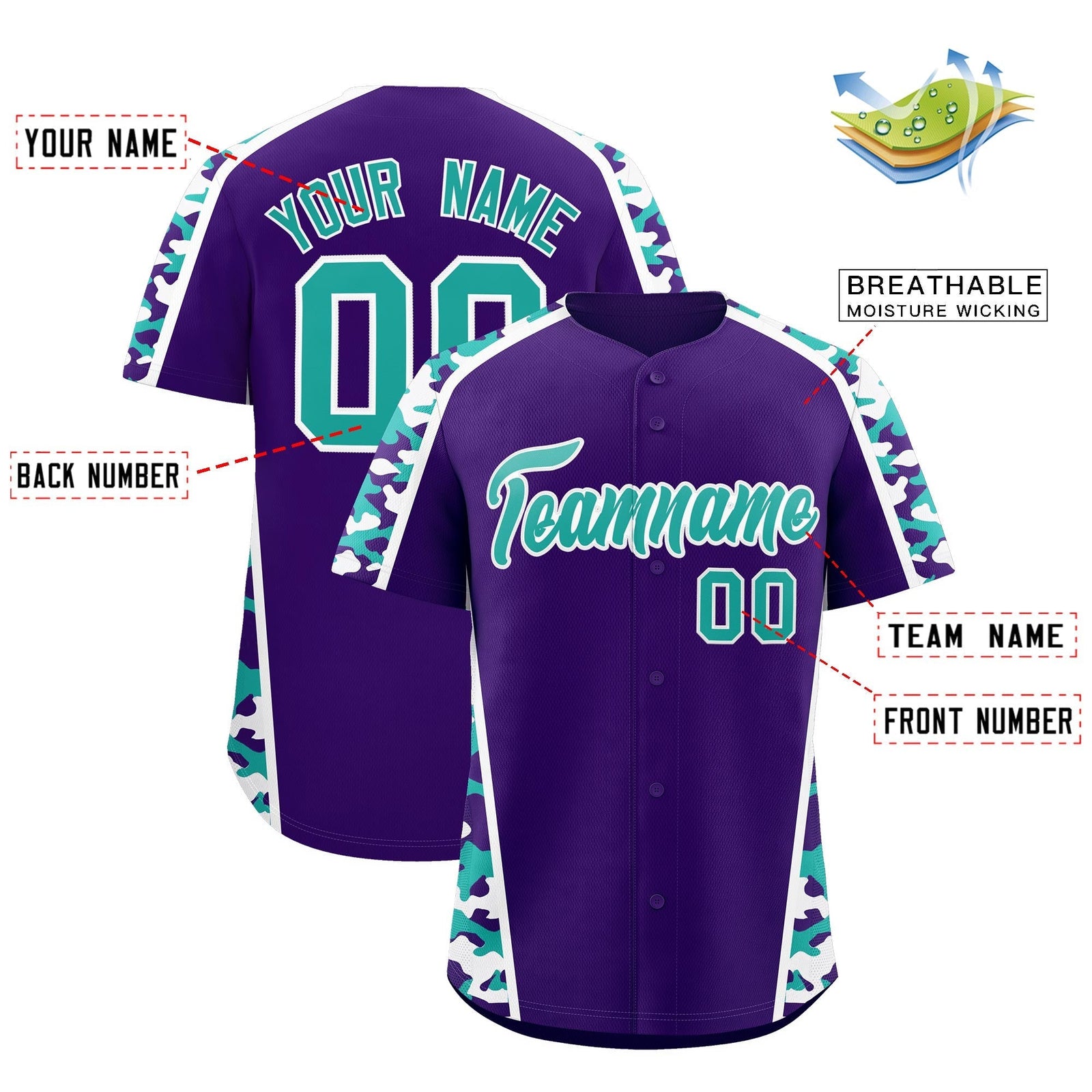Custom Purple Aqua Side Camo Style Personalization Baseball Jersey| KXKSHOP