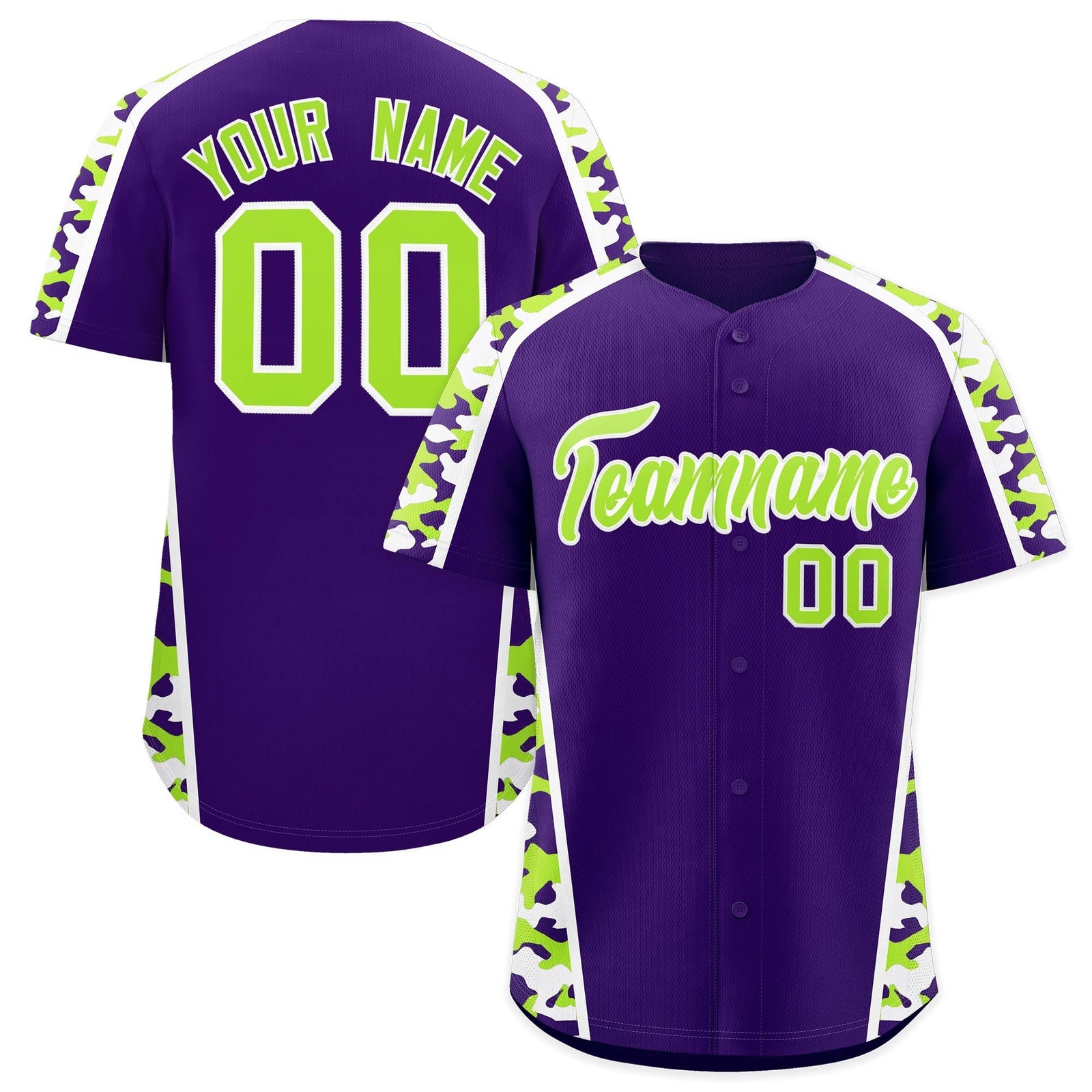 Custom Purple Neon Green Side Camo Style Personalization Baseball Jersey| KXKSHOP