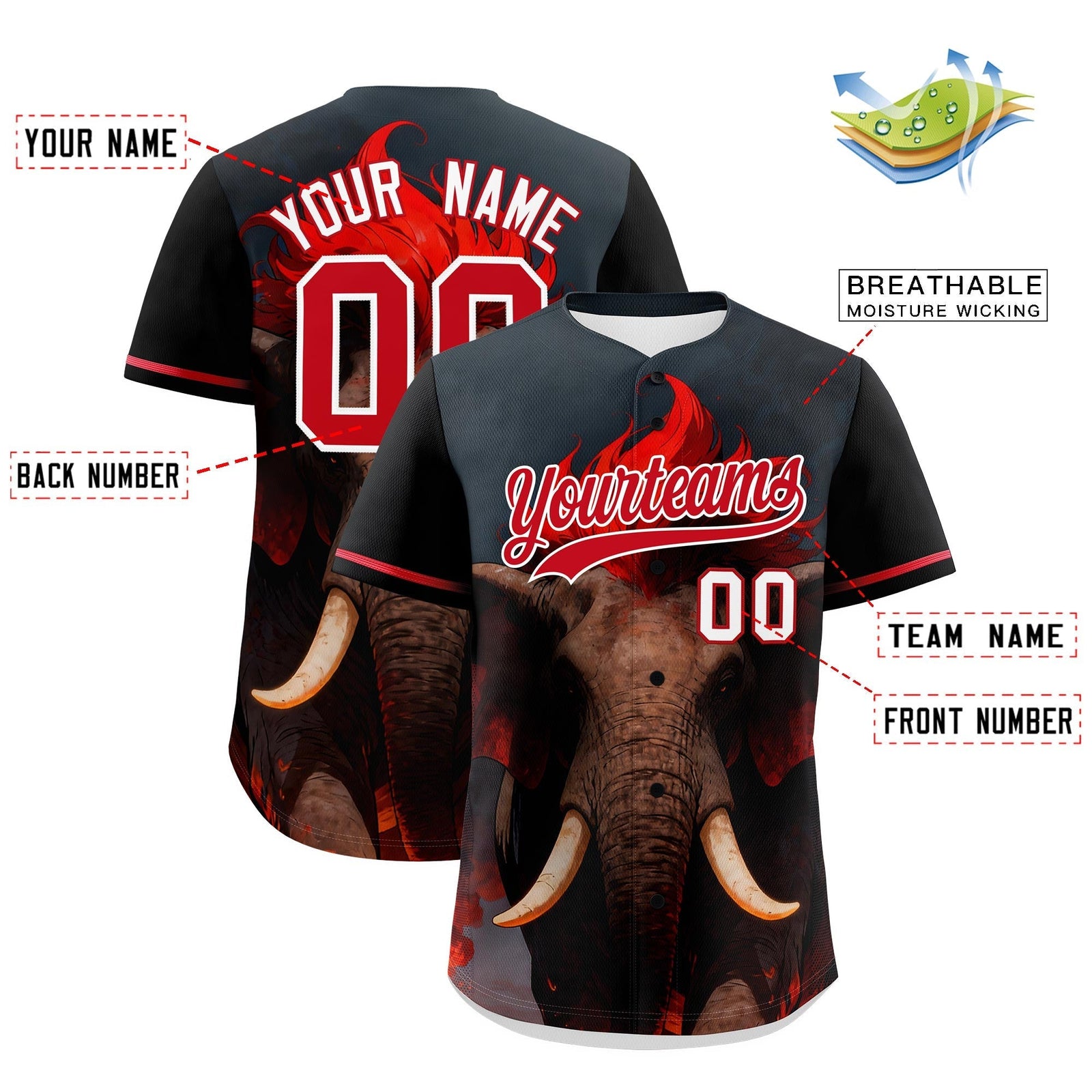 Custom Black White Red Elephant Animal Series Personalization Graffiti Pattern Baseball Jersey| KXKSHOP