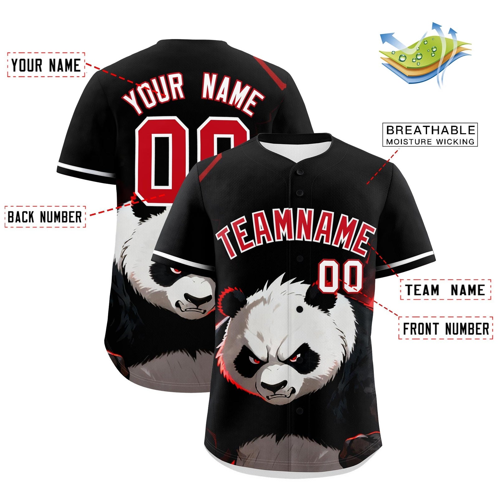 Custom Black White Red Panda Animal Series Personalization Graffiti Pattern Baseball Jersey| KXKSHOP