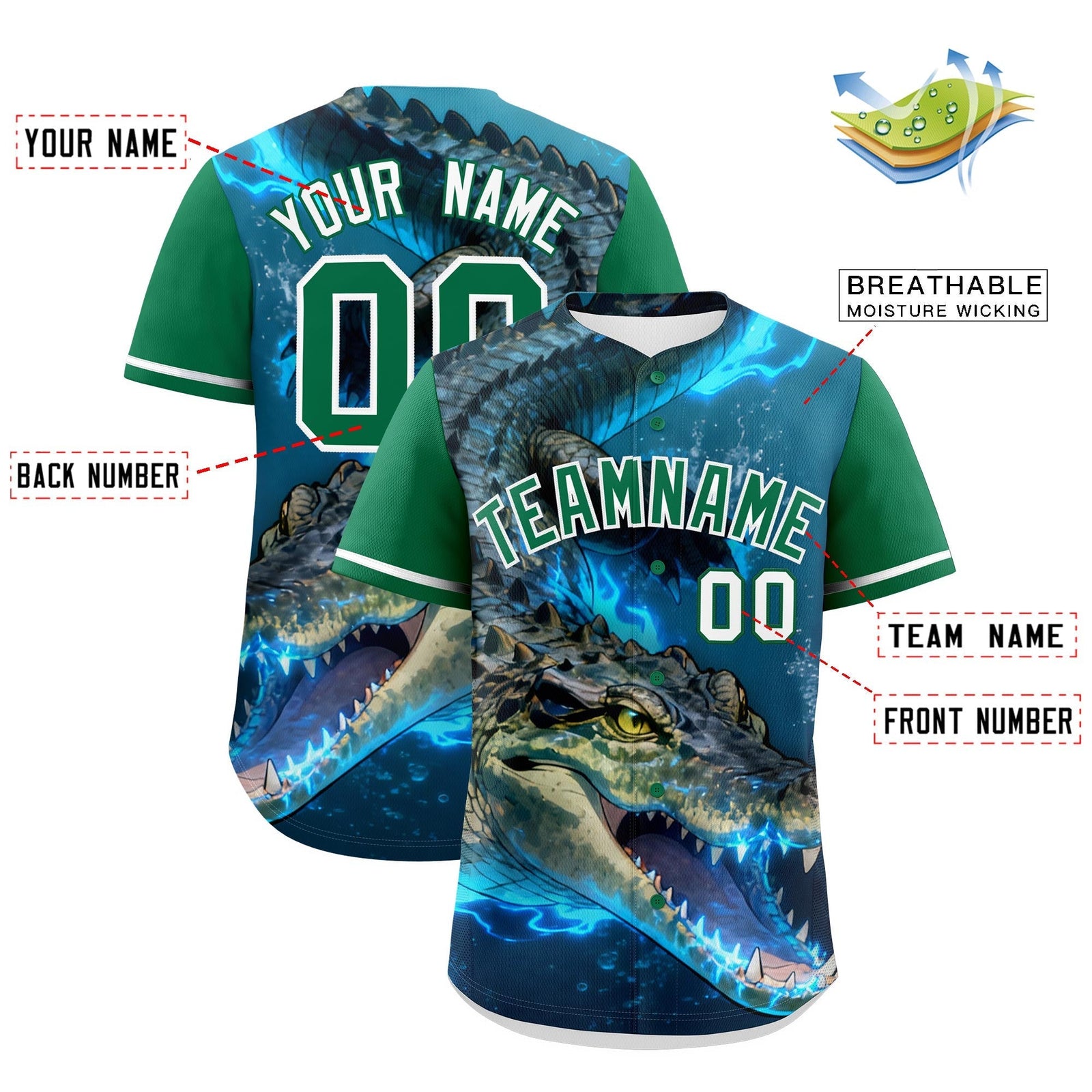 Custom Kelly Green White Crocodile Animal Series Personalization Graffiti Pattern Baseball Jersey| KXKSHOP