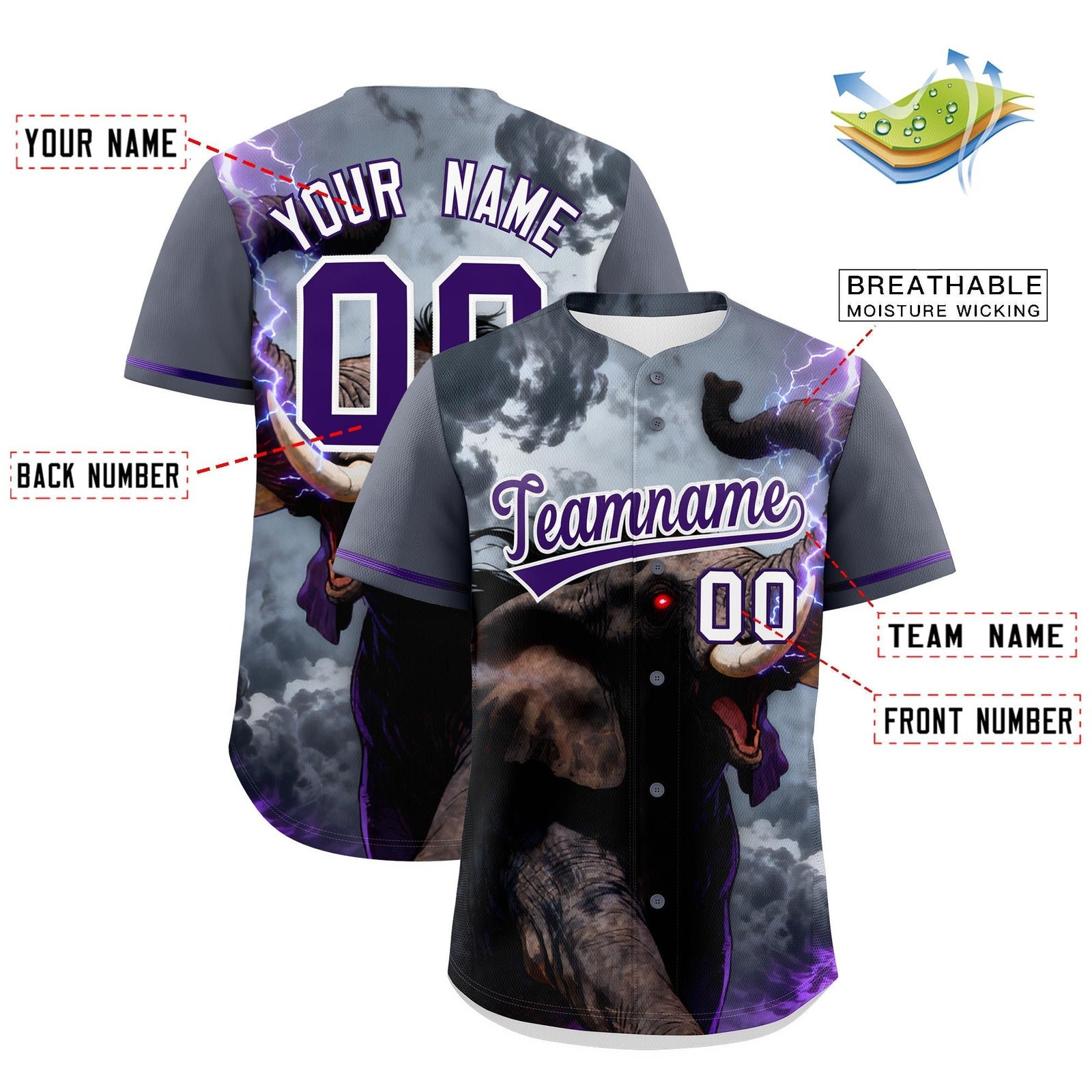 Custom Purple White Elephant Animal Series Personalization Graffiti Pattern Baseball Jersey| KXKSHOP