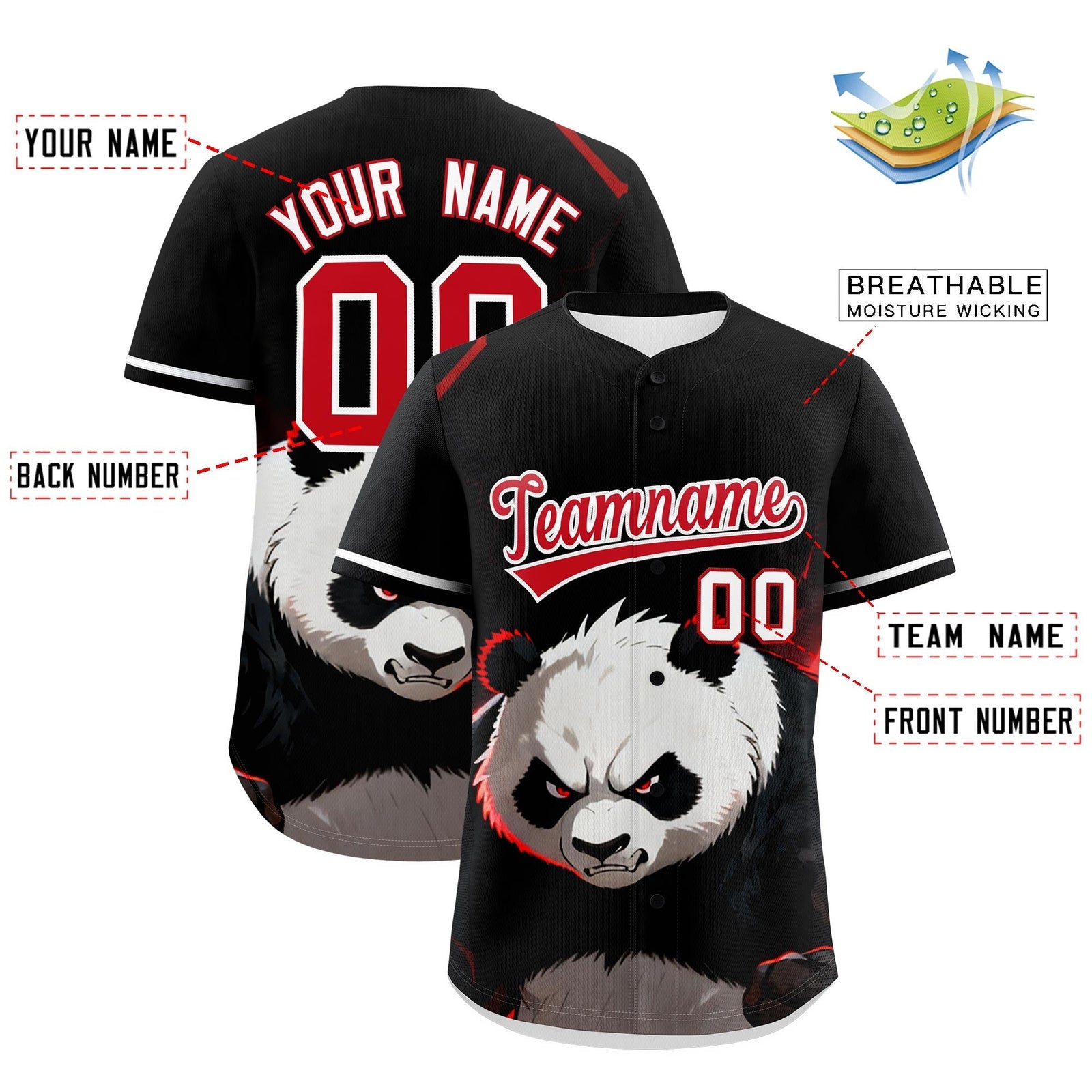 Custom Black White Red Panda Animal Series Personalization Graffiti Pattern Baseball Jersey| KXKSHOP