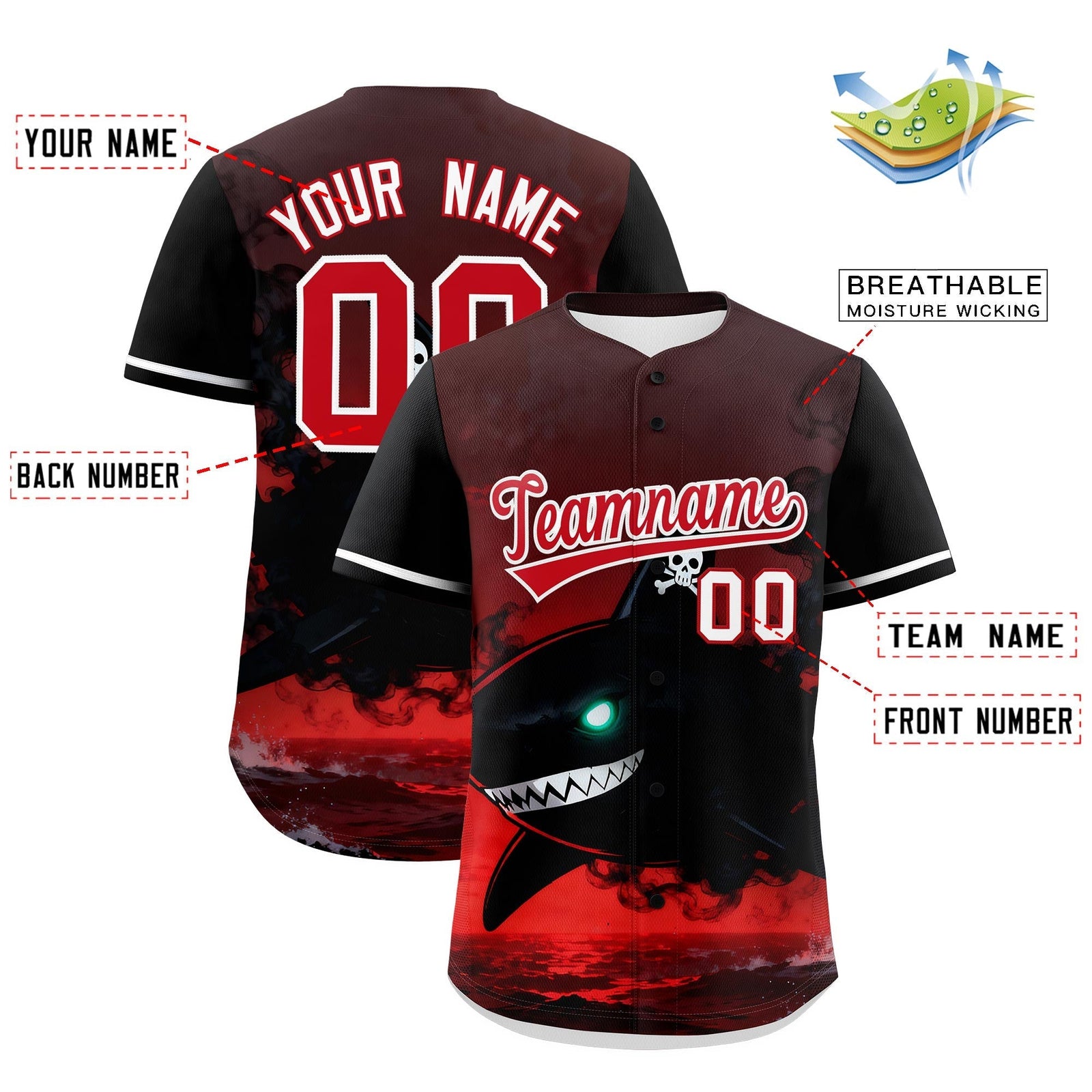 Custom Black Red White Shark Animal Series Personalization Graffiti Pattern Baseball Jersey| KXKSHOP
