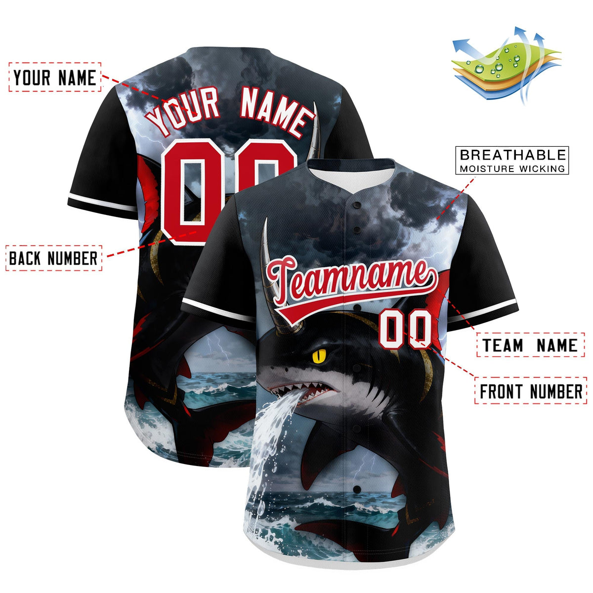 Custom Black White Red Shark Animal Series Personalization Graffiti Pattern Baseball Jersey| KXKSHOP
