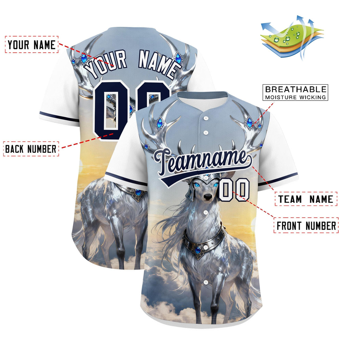 Custom White Navy Deer Animal Series Personalization Graffiti Pattern Baseball Jersey| KXKSHOP