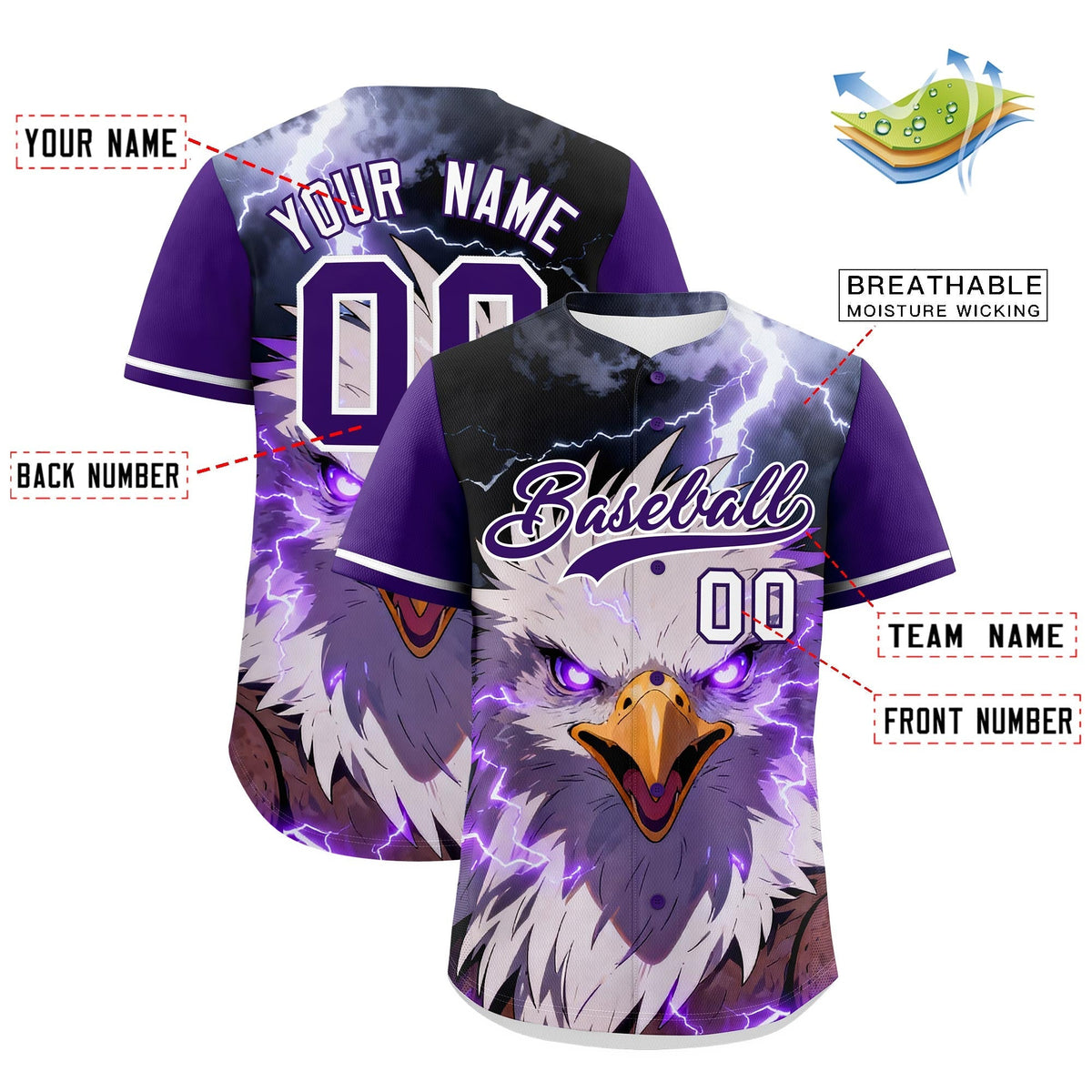 Custom Purple White Eagle Animal Series Personalization Graffiti Pattern Baseball Jersey| KXKSHOP