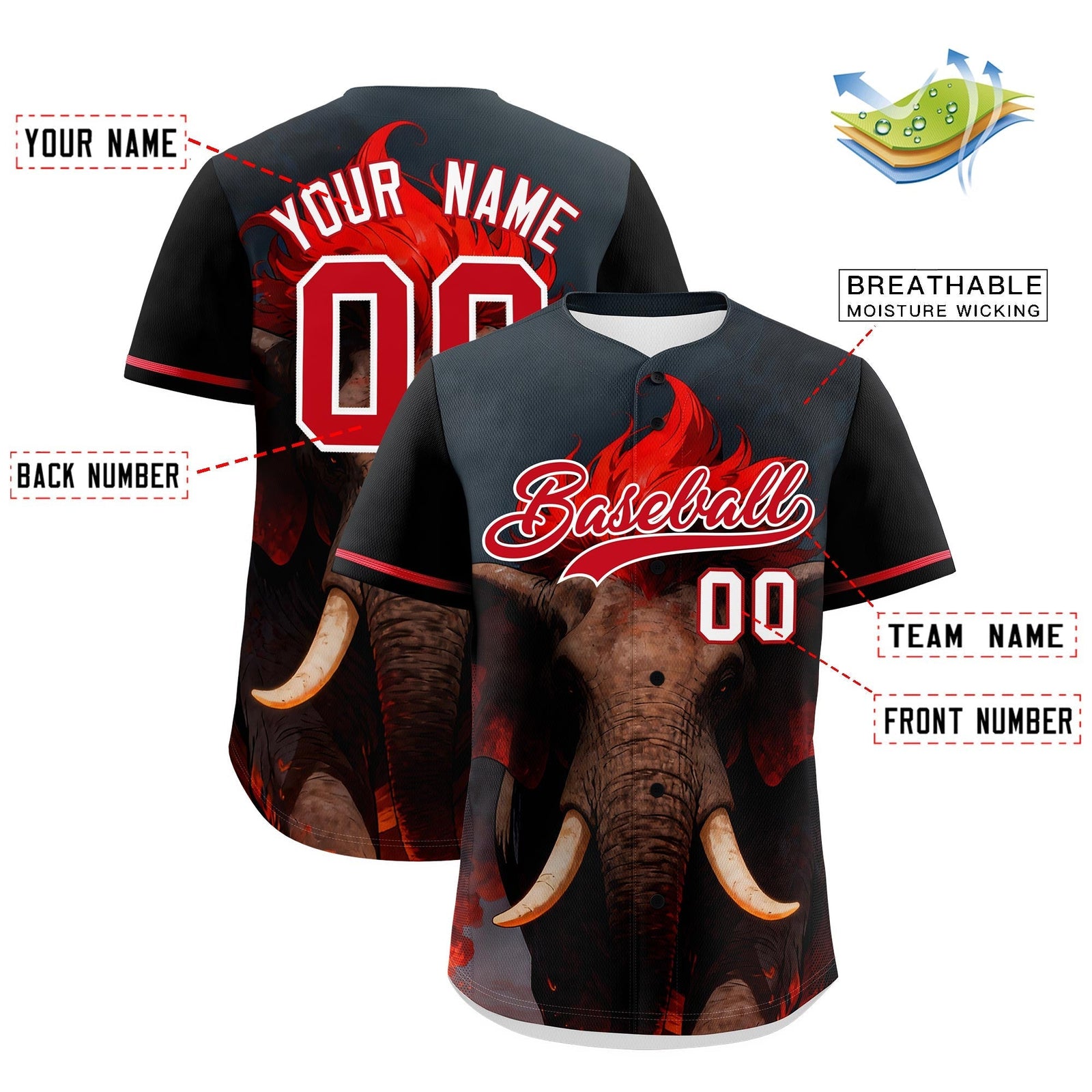 Custom Black White Red Elephant Animal Series Personalization Graffiti Pattern Baseball Jersey| KXKSHOP