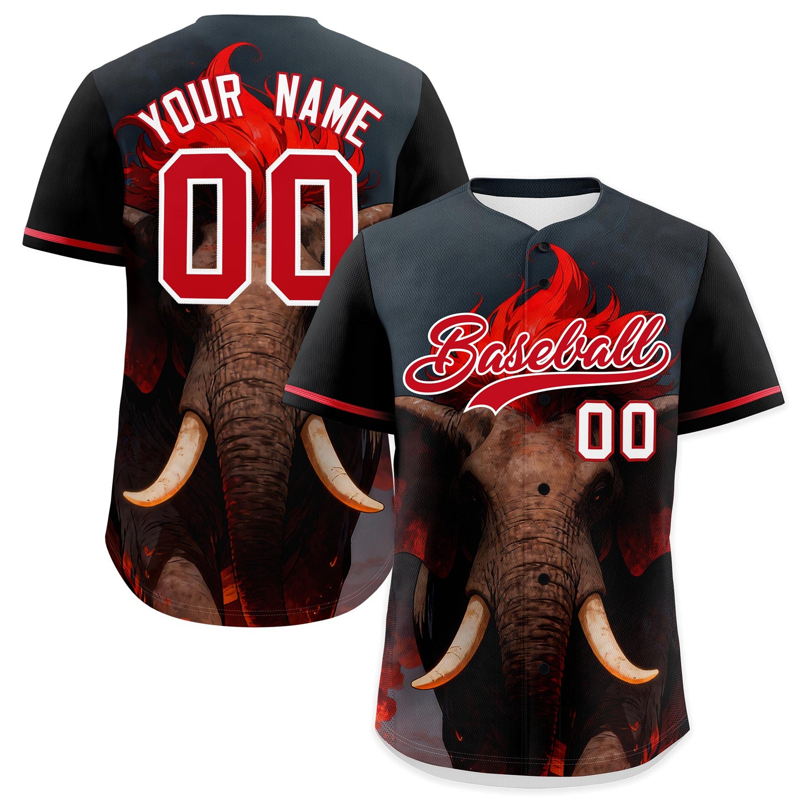Custom Black White Red Elephant Animal Series Personalization Graffiti Pattern Baseball Jersey| KXKSHOP