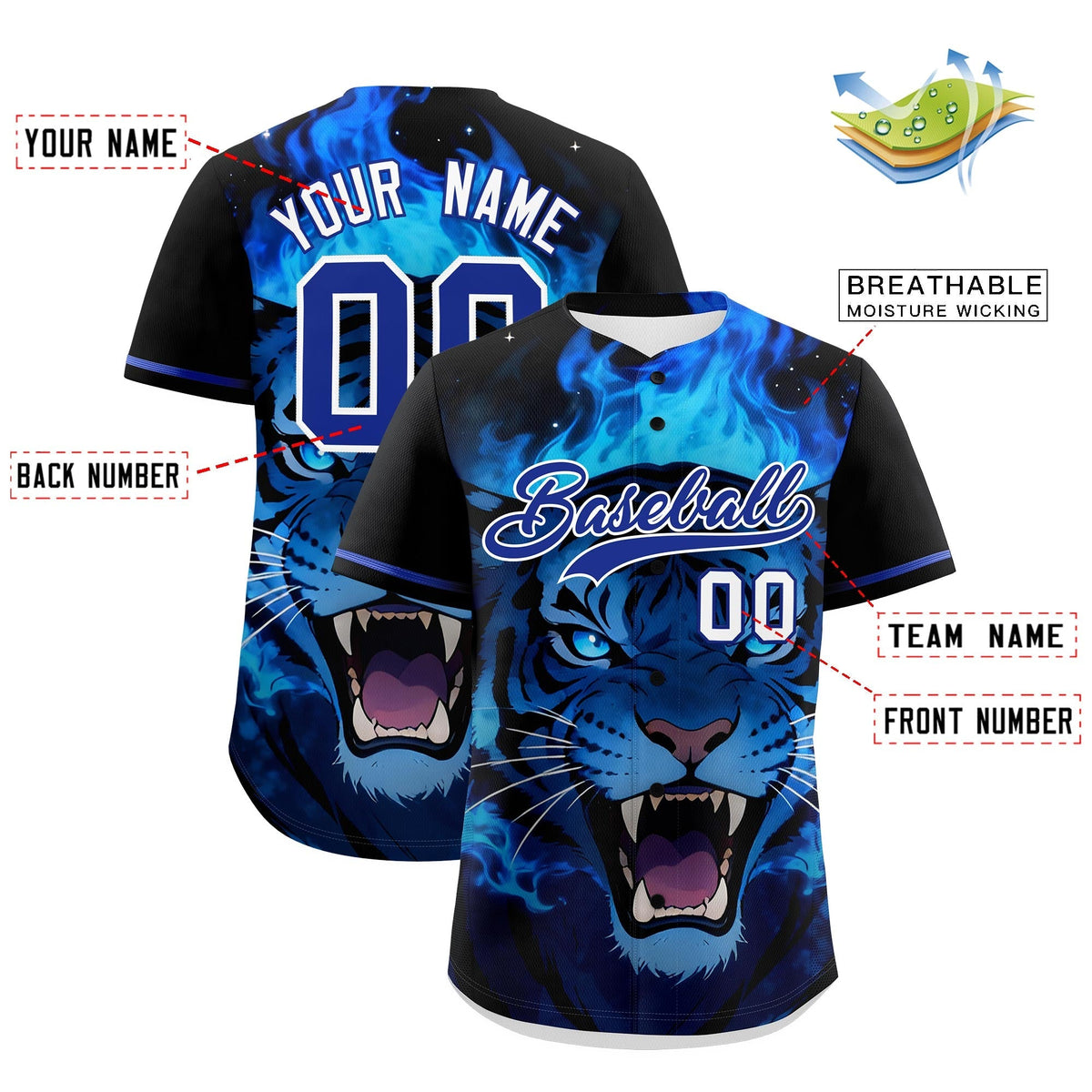 Custom Black Royal Blue White Tiger Animal Series Personalization Graffiti Pattern Baseball Jersey| KXKSHOP