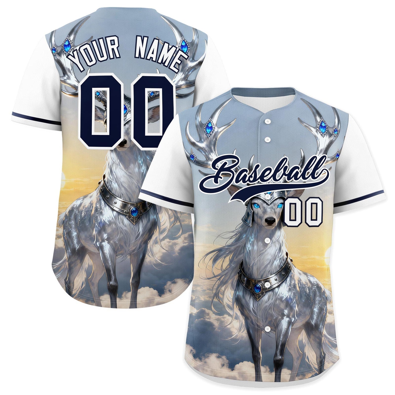 Custom White Navy Deer Animal Series Personalization Graffiti Pattern Baseball Jersey| KXKSHOP