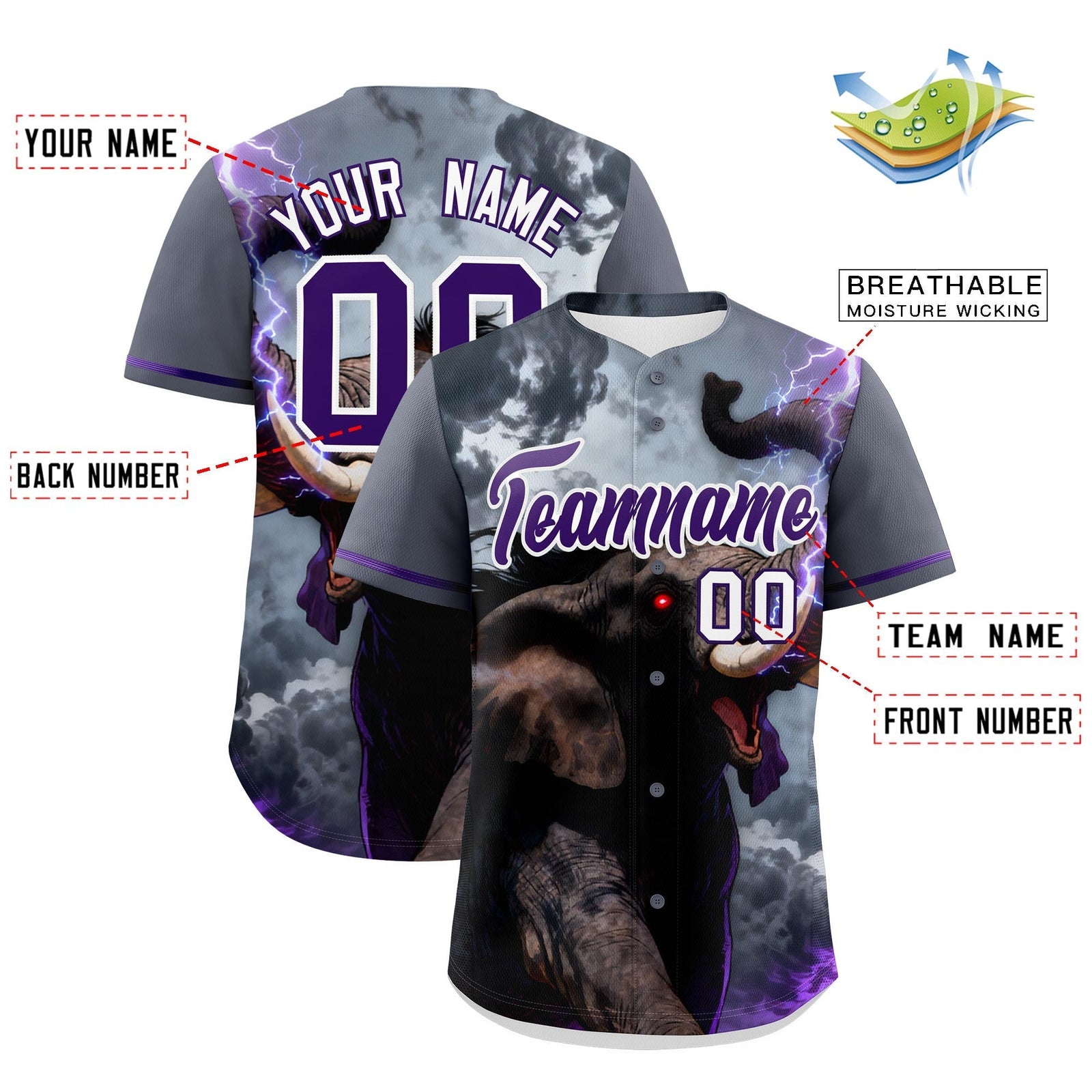 Custom Purple White Elephant Animal Series Personalization Graffiti Pattern Baseball Jersey| KXKSHOP