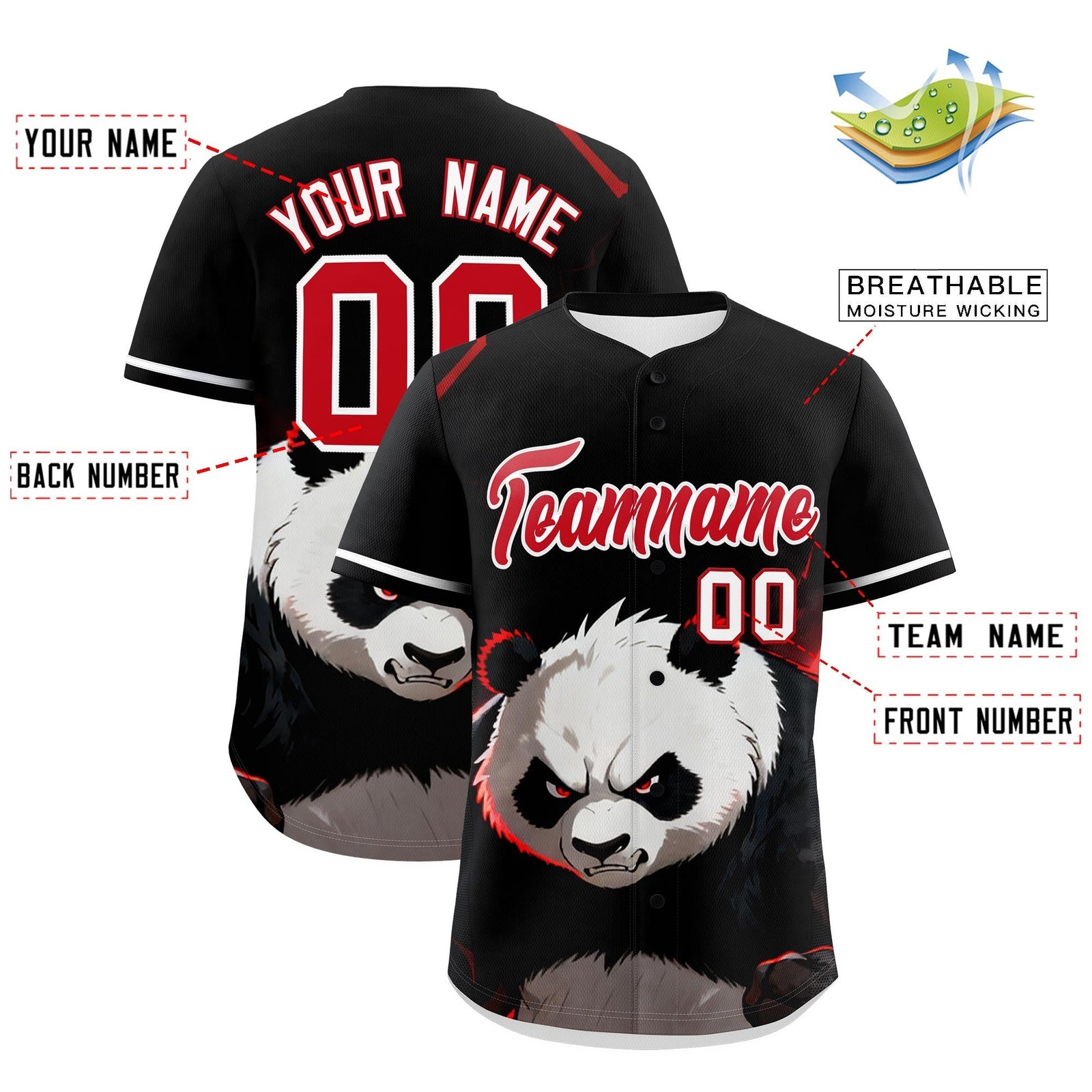 Custom Black White Red Panda Animal Series Personalization Graffiti Pattern Baseball Jersey| KXKSHOP