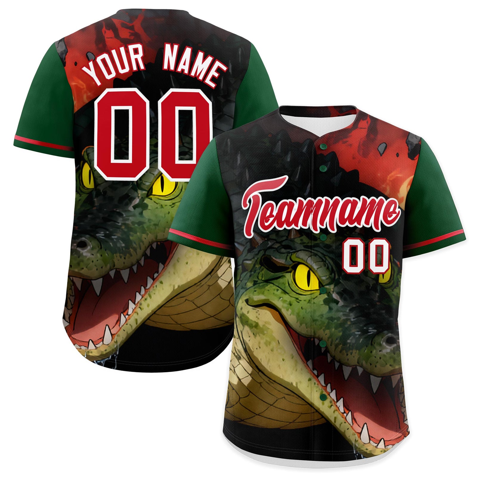 Custom Dark Green Red White Crocodile Animal Series Personalization Graffiti Pattern Baseball Jersey| KXKSHOP