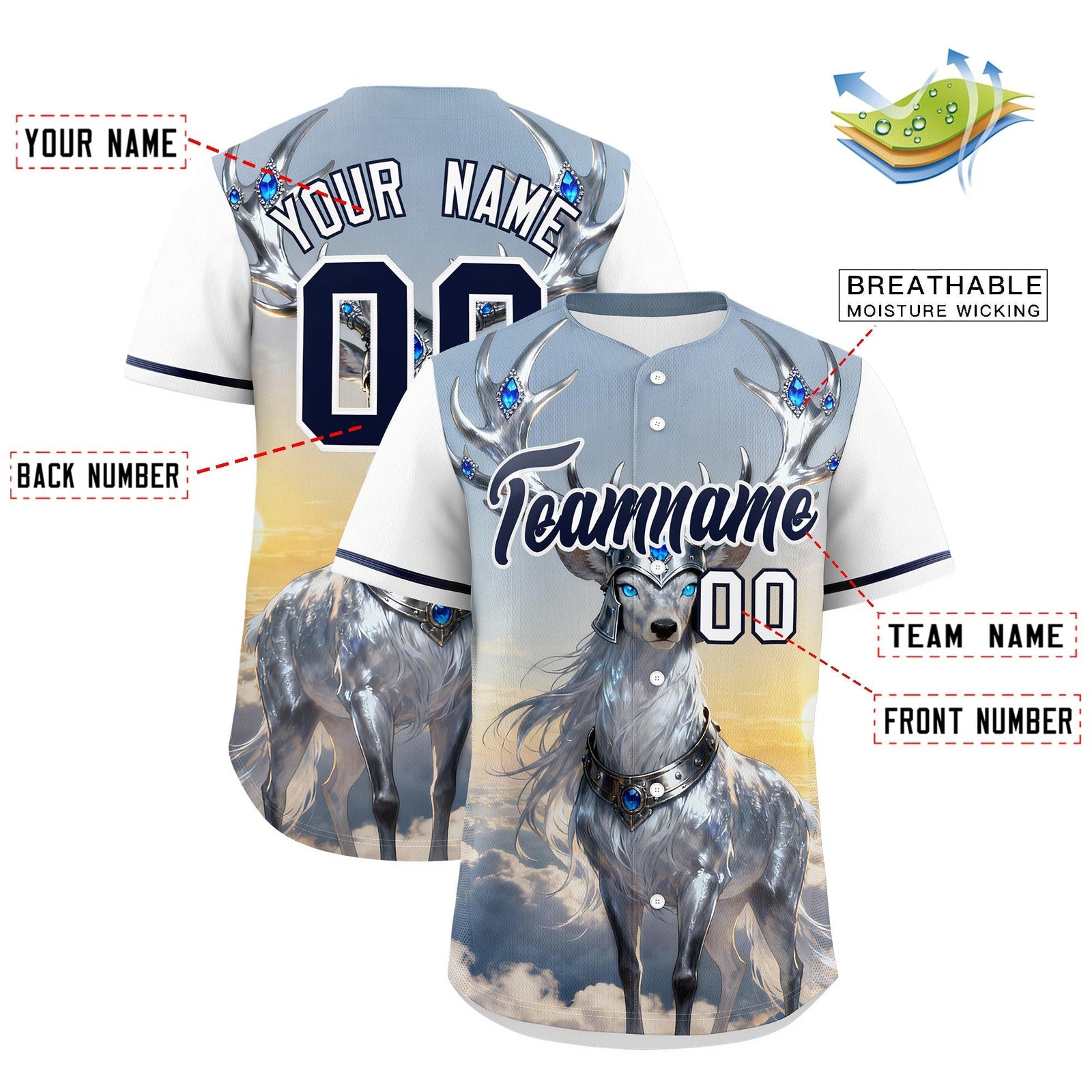 Custom White Navy Deer Animal Series Personalization Graffiti Pattern Baseball Jersey| KXKSHOP