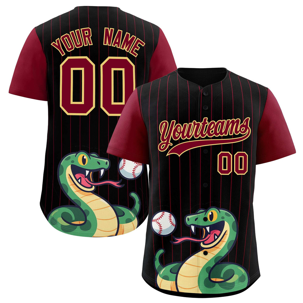 Custom Black Crimson Stripe Animals Graffiti Pattern Raglan Sleeves Authentic Baseball Jersey