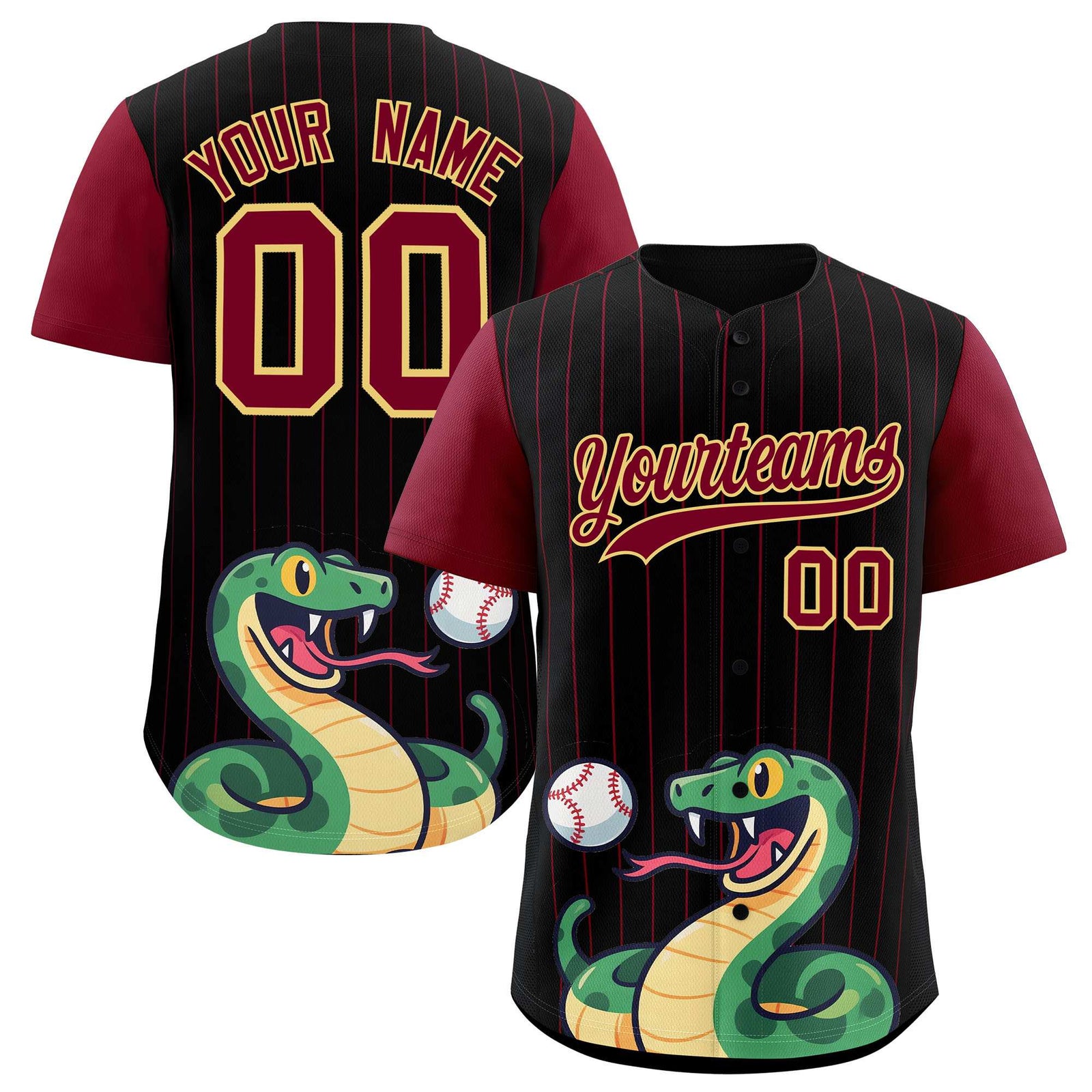 Custom Black Crimson Stripe Animals Graffiti Pattern Raglan Sleeves Authentic Baseball Jersey