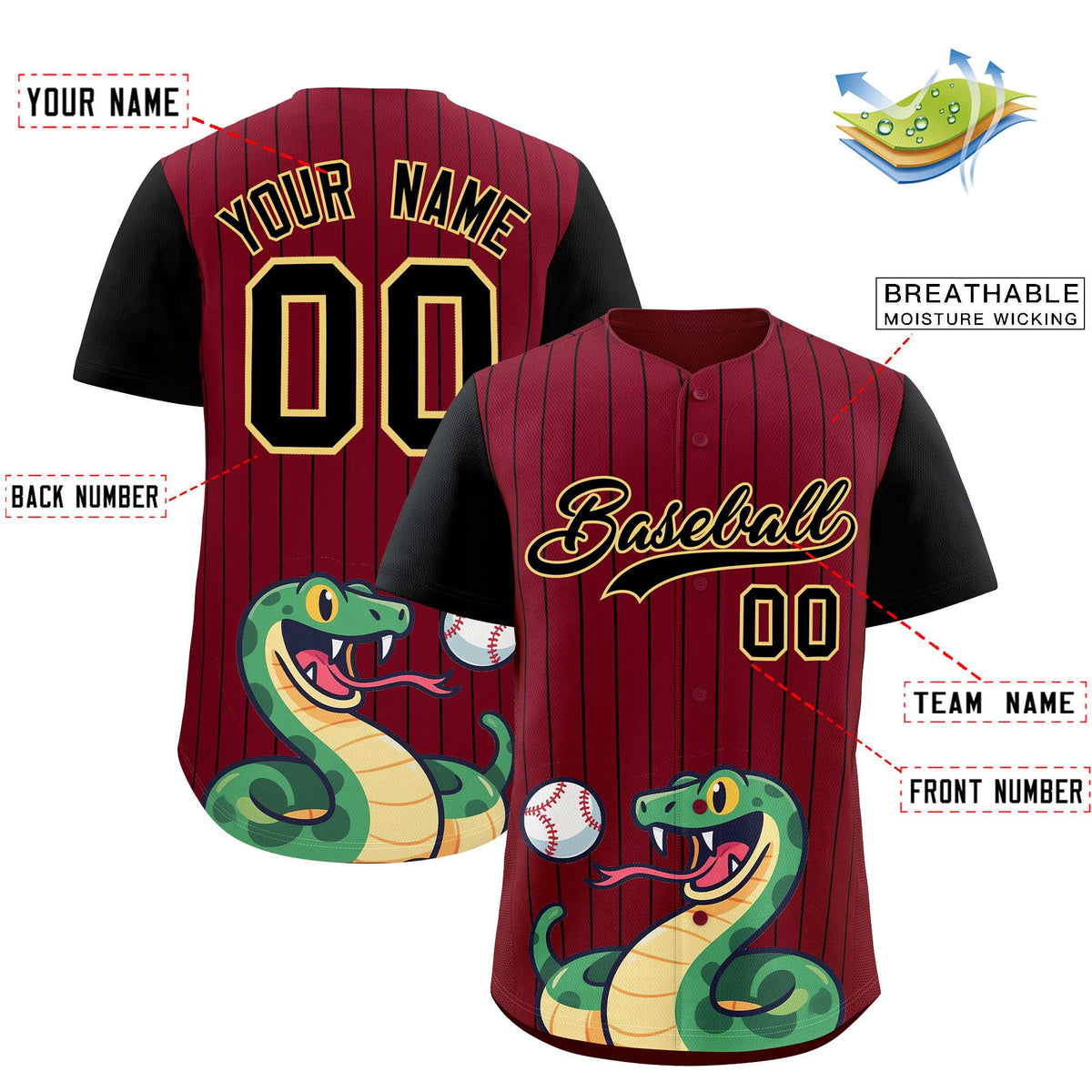 Custom Crimson Black Stripe Animals Graffiti Pattern Raglan Sleeves Authentic Baseball Jersey