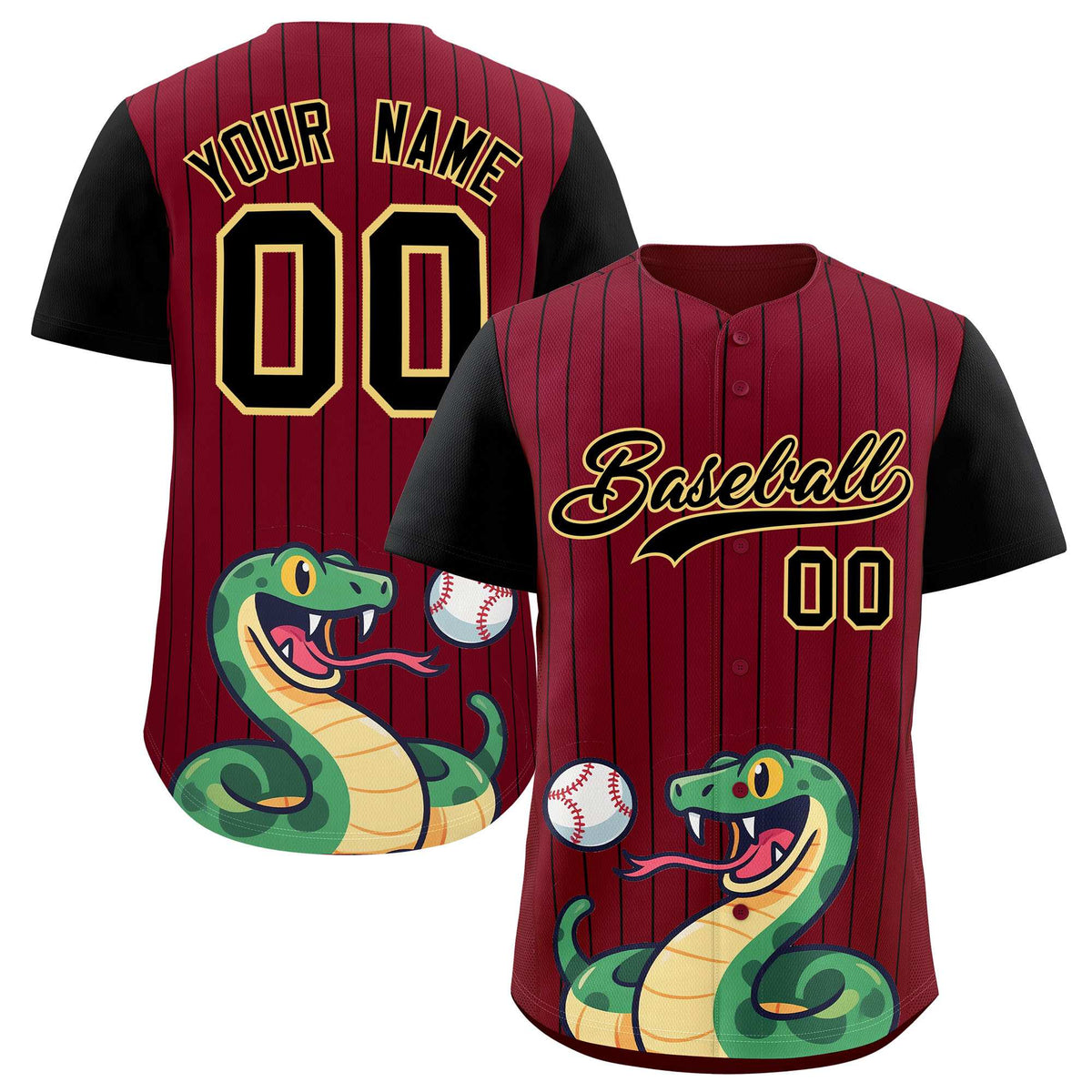 Custom Crimson Black Stripe Animals Graffiti Pattern Raglan Sleeves Authentic Baseball Jersey