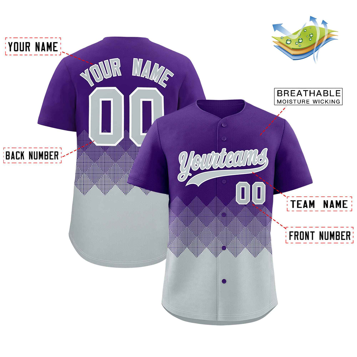 Custom Purple Silver Grid Blur Pattern Authentic Baseball Jersey