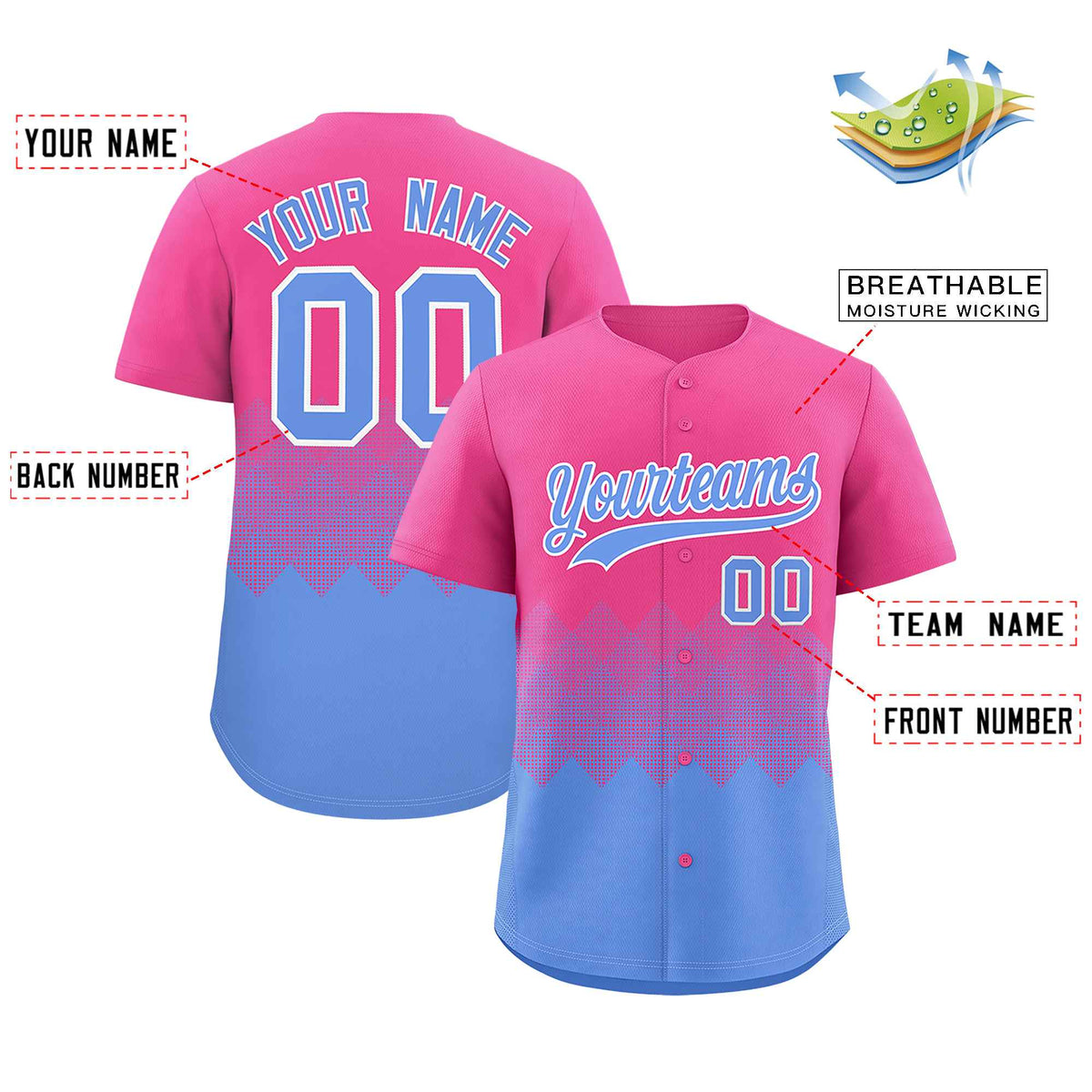 Custom Pink Light Blue Grid Blur Pattern Authentic Baseball Jersey