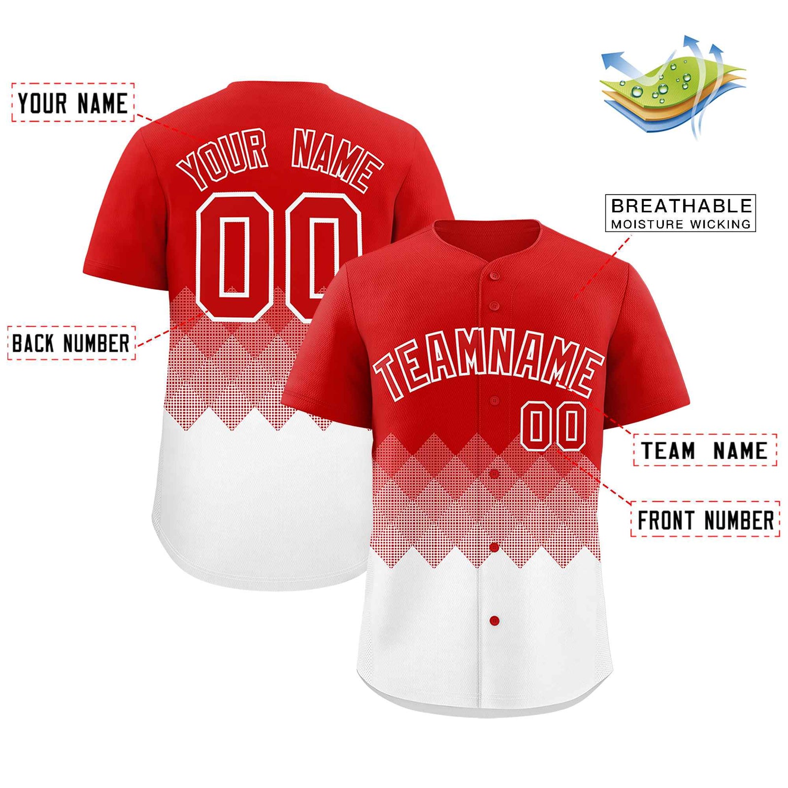 Custom Red White Grid Blur Pattern Authentic Baseball Jersey