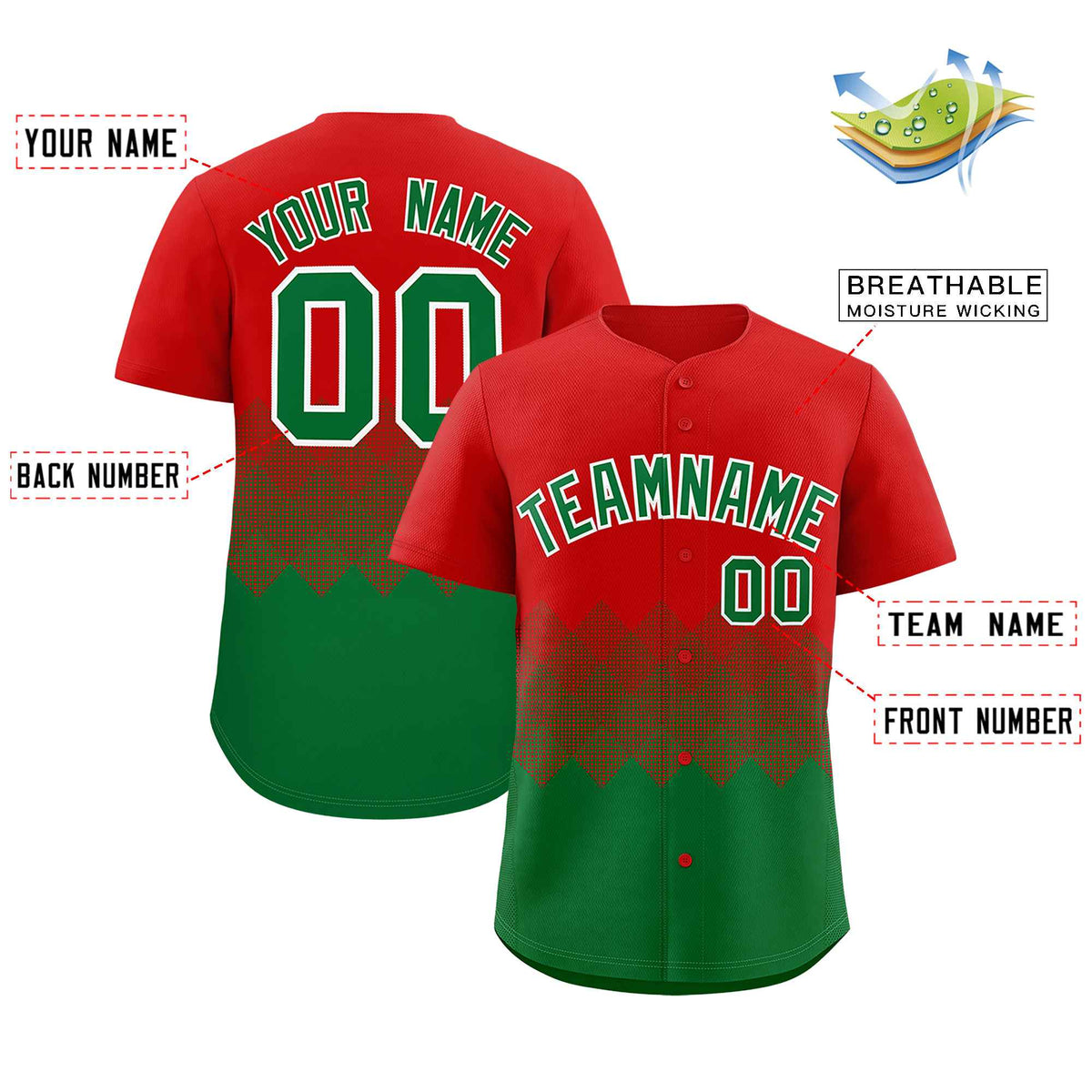 Custom Red Kelly Green Grid Blur Pattern Authentic Baseball Jersey