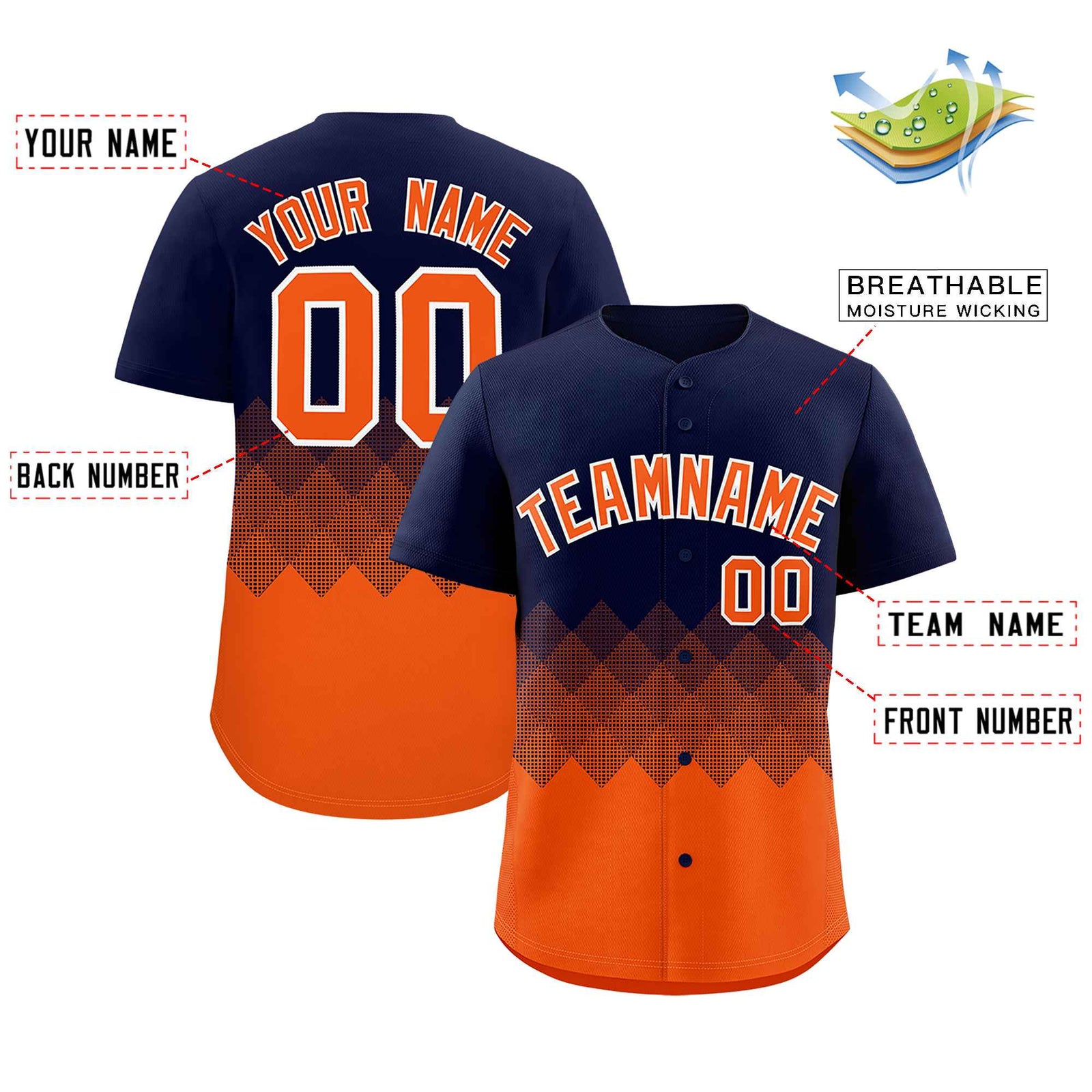 Custom Navy Orange Grid Blur Pattern Authentic Baseball Jersey