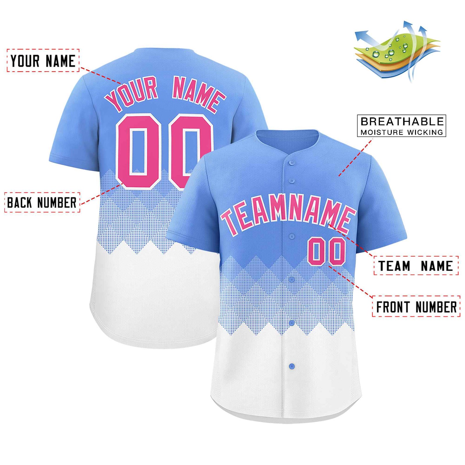 Custom Light Blue White Grid Blur Pattern Authentic Baseball Jersey