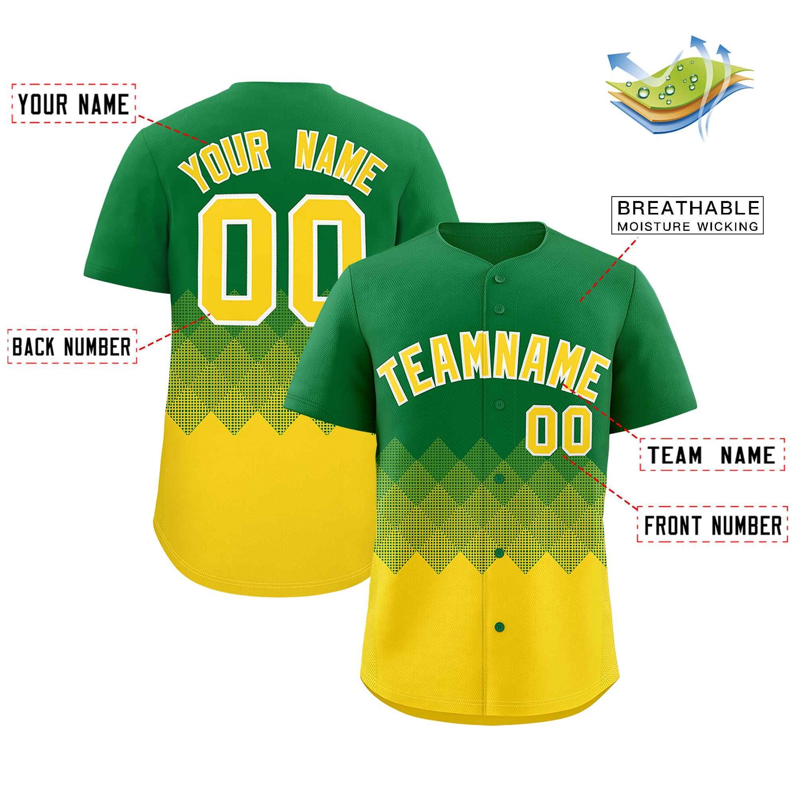 Custom Kelly Green Gold Grid Blur Pattern Authentic Baseball Jersey