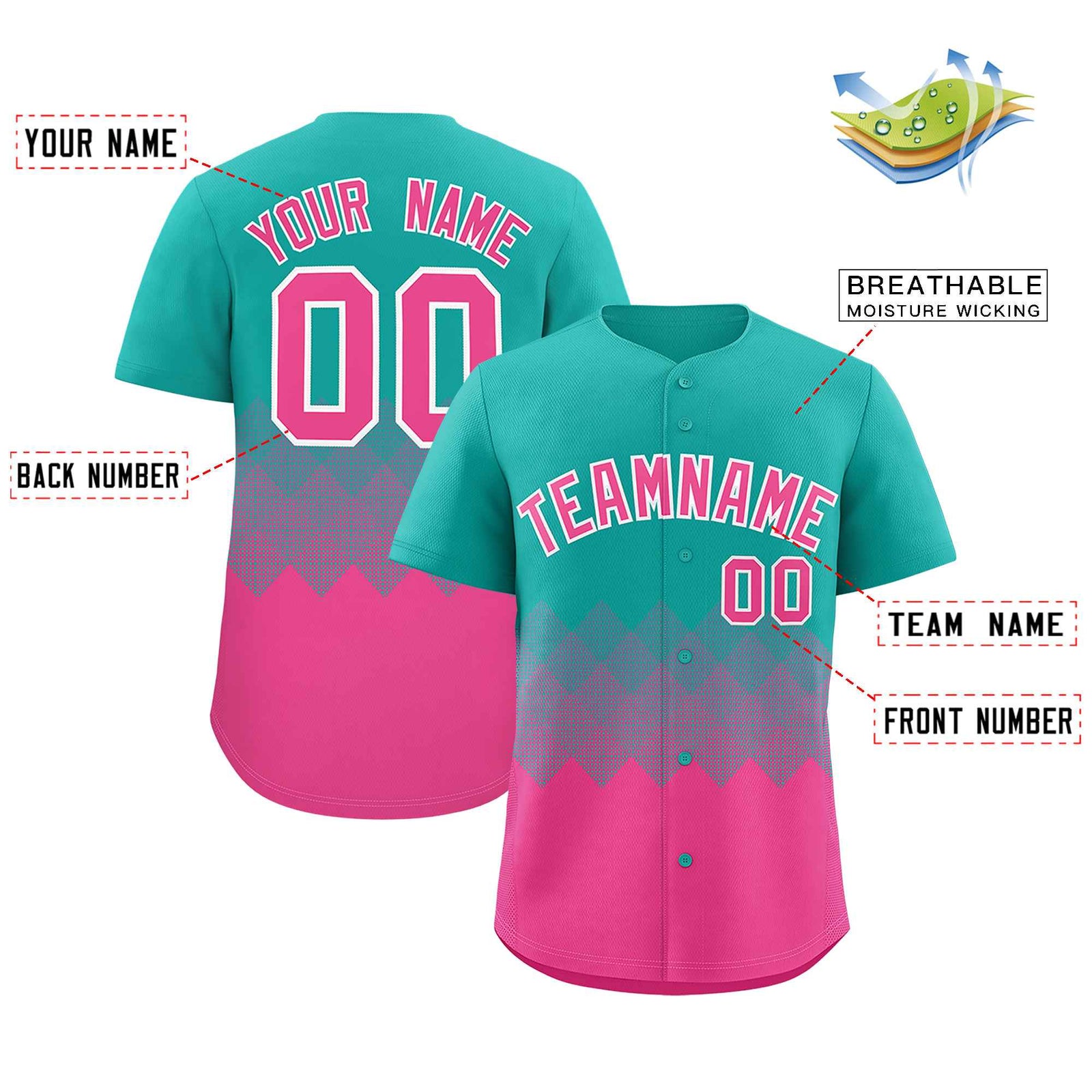 Custom Aqua Pink Grid Blur Pattern Authentic Baseball Jersey