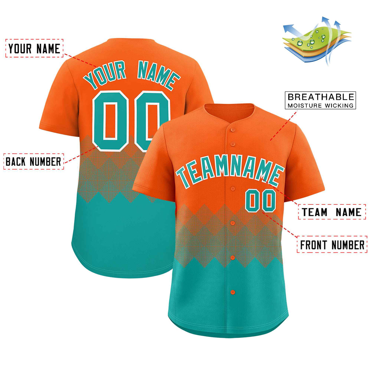 Custom Orange Aqua Grid Blur Pattern Authentic Baseball Jersey