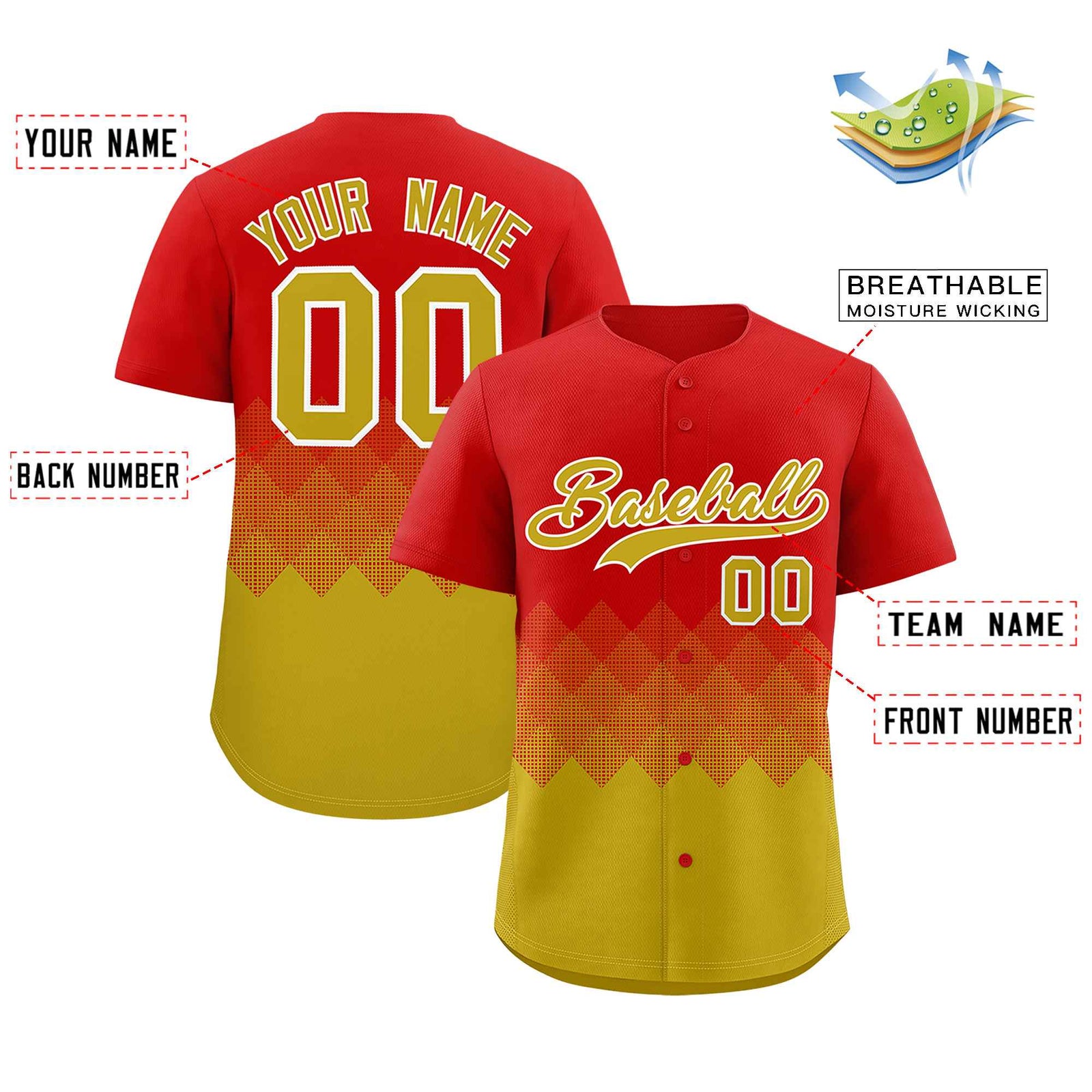 Custom Red Old Gold Grid Blur Pattern Authentic Baseball Jersey