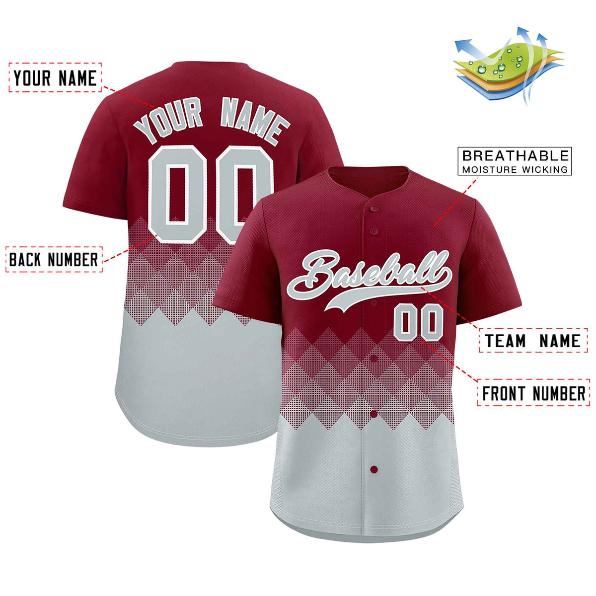Custom Crimson Silver Grid Blur Pattern Authentic Baseball Jersey