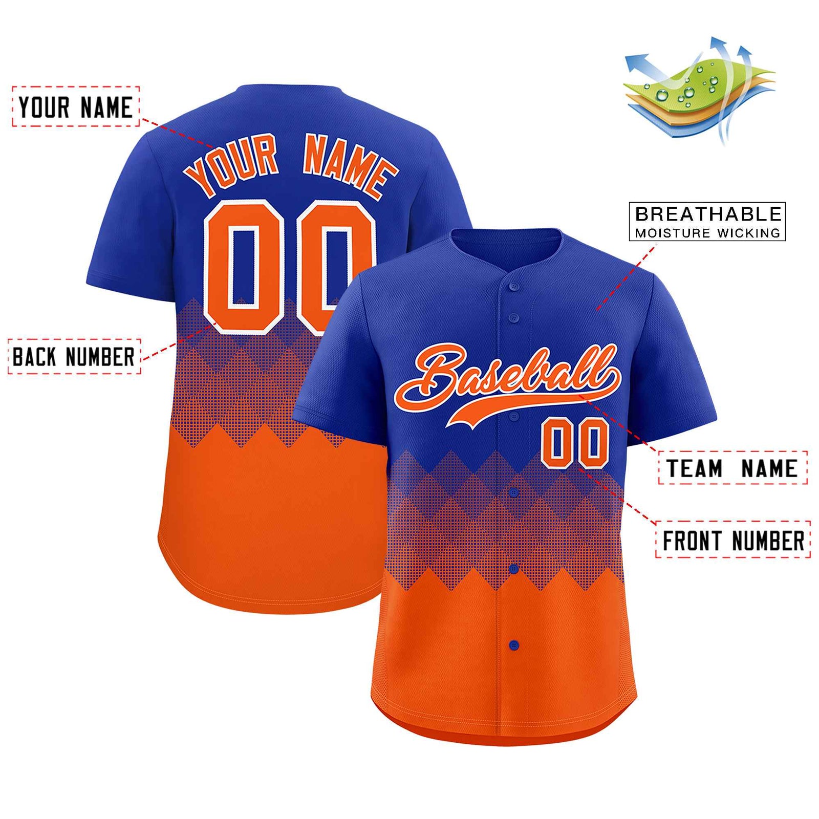 Custom Royal Orange Grid Blur Pattern Authentic Baseball Jersey
