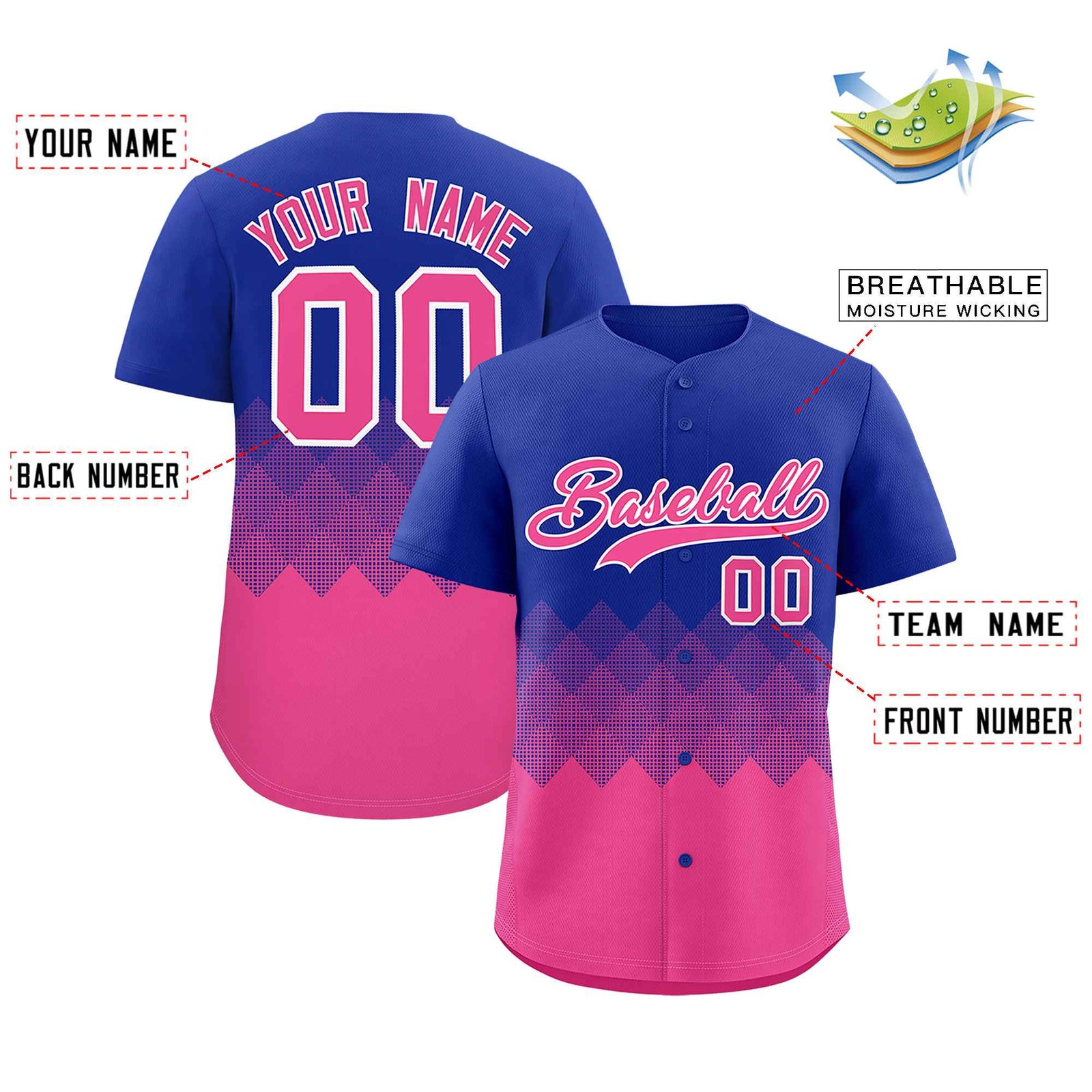 Custom Royal Pink Grid Blur Pattern Authentic Baseball Jersey