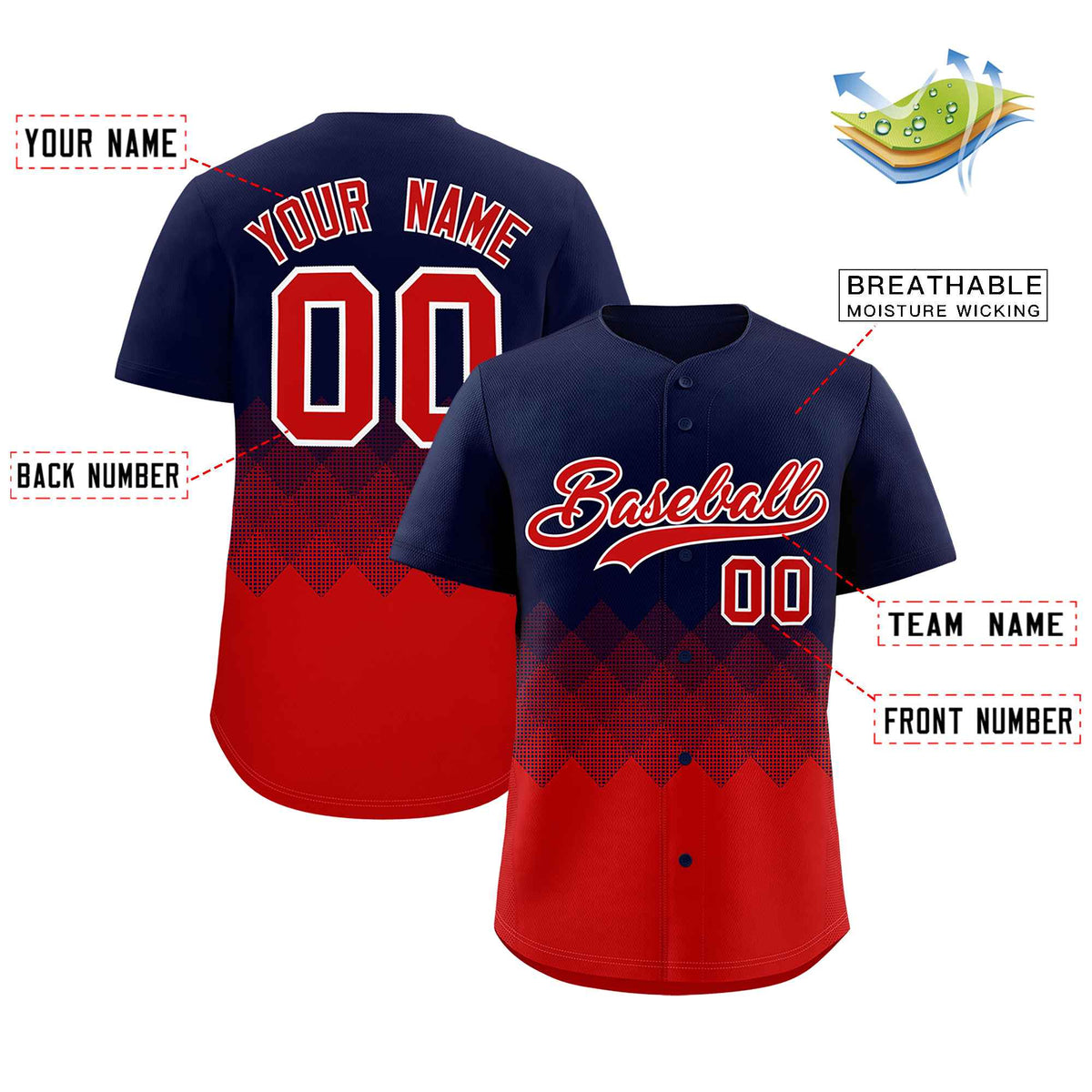 Custom Navy Red Grid Blur Pattern Authentic Baseball Jersey